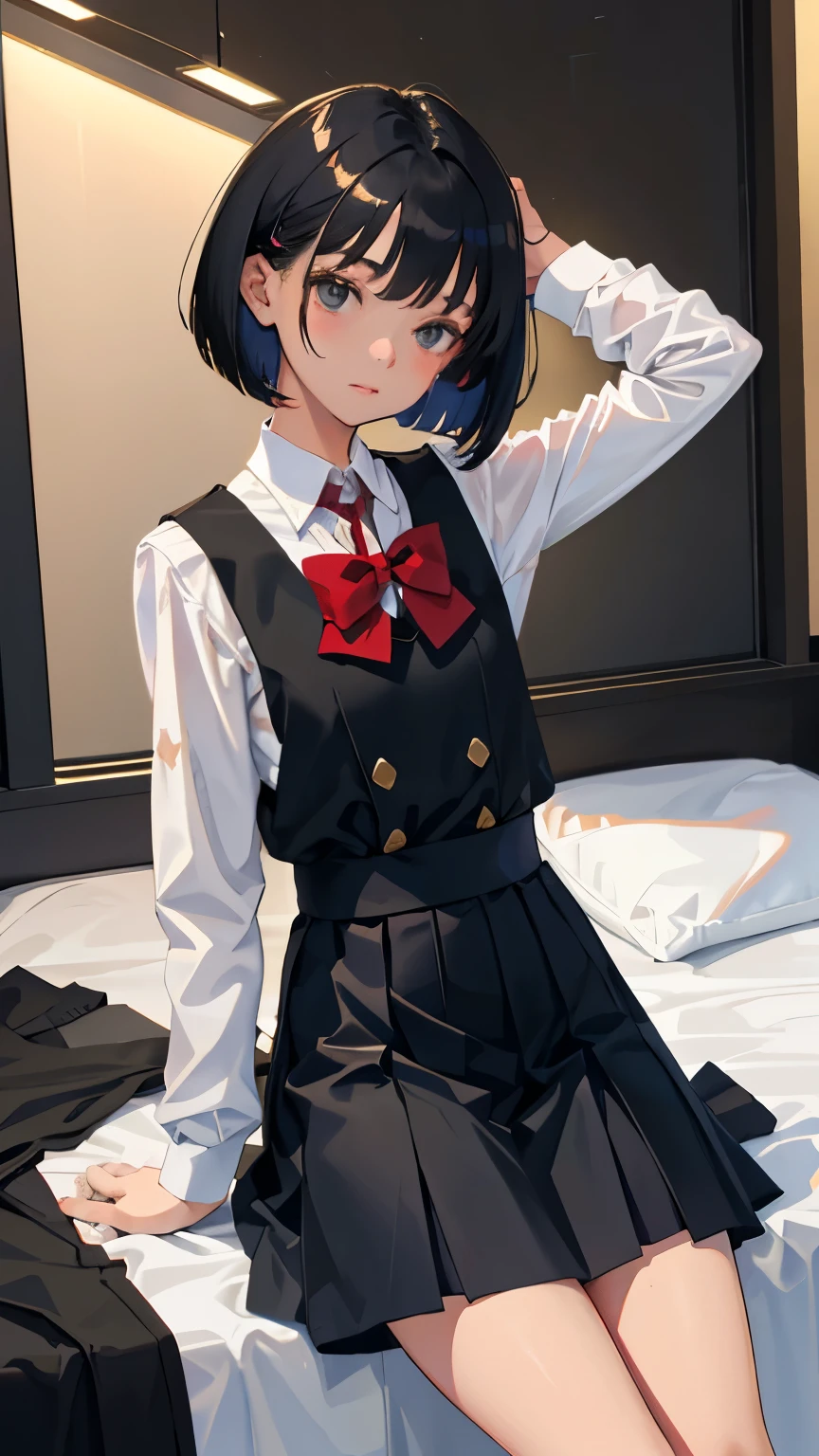 (short cute girl, young studeg delicate girl),(masterpiece,Top quality),school uniform,black medium bob,sleepy