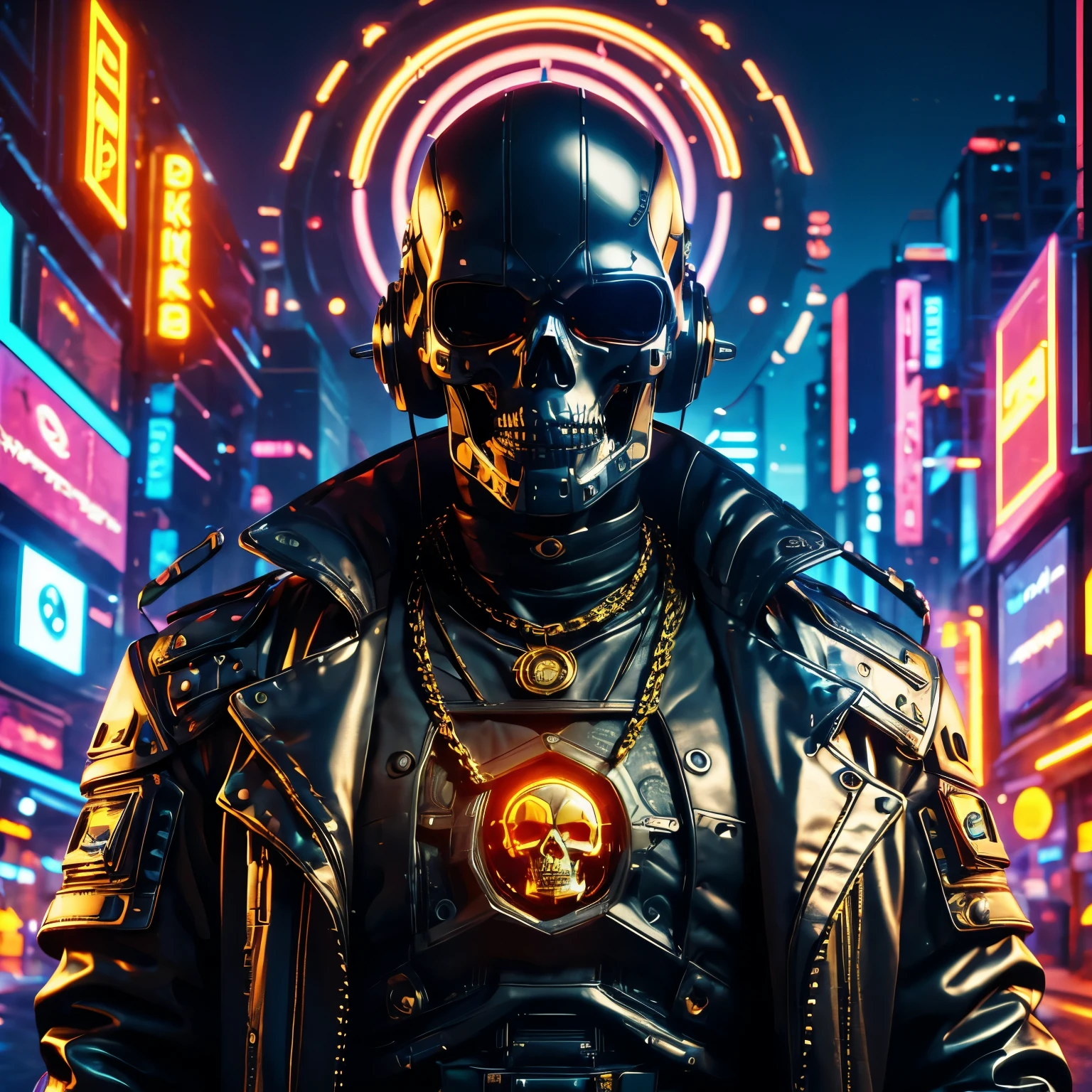 Machine, Cyberpunk, Black Leather Coat, Gold Chain, Skull Head, High-Beam Eyes, high-res portrait, Full Body, fantasy, vibrant colors, soft lighting, 3D, HDR, Very Detailed, HD, 8K genuine, Masterpiece, Background, Cyberpunk City, RTX