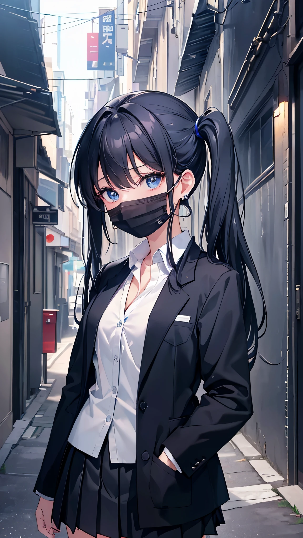 (8K、Highest image quality、highest quality、masterpiece)、detailed face、1 girl、black hair、twintails、blue eyes、expression、earrings、((black surgical mask))、small breasts、((white shirt))、((dark blue blazer))、((black pleated skirt))、((miniskirt))、put one's hand in one's pocket、cowboy shot、Back alley background at night