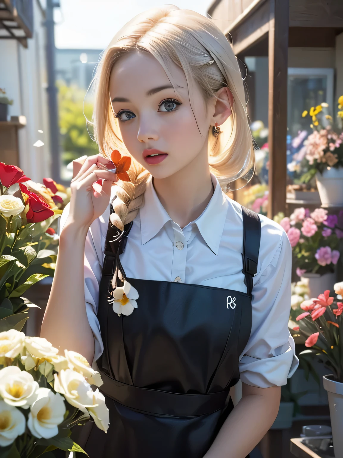 (highest quality, 8k, High resolution, realistic:2.0), (alone, one girl:2.0),(lit: front),(lit: strong),(ultimate beautiful girl:2.0),(shiny skin),(oily skin),(platinum blonde hair:1.3),(Girl tying hair:2.0),(american beauty:2.0),blush brown makeup , dark eye makeup , use pink glossy lipstick,(girl with big beady eyes:1.5),(skinny girl:1.5),(baby-faced girl),(sex appeal:1.7),(sweet smelling girl),(Photographed at a small flower shop in town:1.5),(Part-time girl working at a flower shop:1.5),(she is wearing a florist's apron:1.5),(popular flower shop clerk),(she works for low wages:1.5),(she has a nice smile),(her body has attractive curves),(she is very sociable and slutty),(She is the poster girl for the flower shop.),(A girl who often says dirty jokes),(she looks very erotic),(comes from a very poor family),(A girl who loves growing flowers)