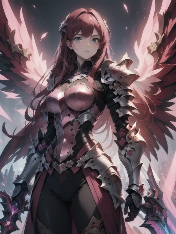 (masterpiece, best quality:1.2), Character design, ((1 girl, solo)), warrior of xian, slim body, medium chest, skinny waist, ((long deep red hair)). blue eyes. (((pink fantasy armor a female knight in a pink full armor))), (((big pauldrons, intricate details))), (((large armor wings))), (((advanced weapon fantasy plasma sword in right hand))), (standing), (((side body view))), plain gray background, masterpiece, HD high quality, 8K ultra high definition, ultra definition,