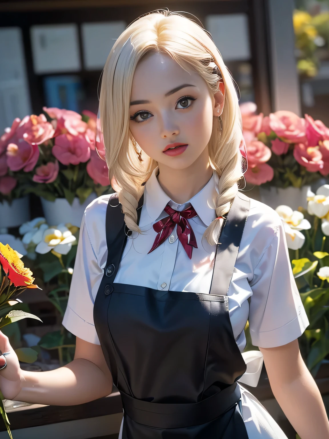 (highest quality, 8k, High resolution, realistic:2.0), (alone, one girl:2.0),(lit: front),(lit: strong),(ultimate beautiful girl:2.0),(shiny skin),(oily skin),(platinum blonde hair:1.3),(Girl tying hair:2.0),(american beauty:2.0),blush brown makeup , dark eye makeup , use pink glossy lipstick,(girl with big beady eyes:1.5),(skinny girl:1.5),(baby-faced girl),(sex appeal:1.7),(sweet smelling girl),(Photographed at a small flower shop in town:1.5),(Part-time girl working at a flower shop:1.5),(she is wearing a florist's apron:1.5),(popular flower shop clerk),(she works for low wages:1.5),(she has a nice smile),(her body has attractive curves),(she is very sociable and slutty),(She is the poster girl for the flower shop.),(A girl who often says dirty jokes),(she looks very erotic),(comes from a very poor family),(A girl who loves growing flowers),(She hides very big breasts under her clothes),(she is a secret pervert.),(she is secretly lewd)