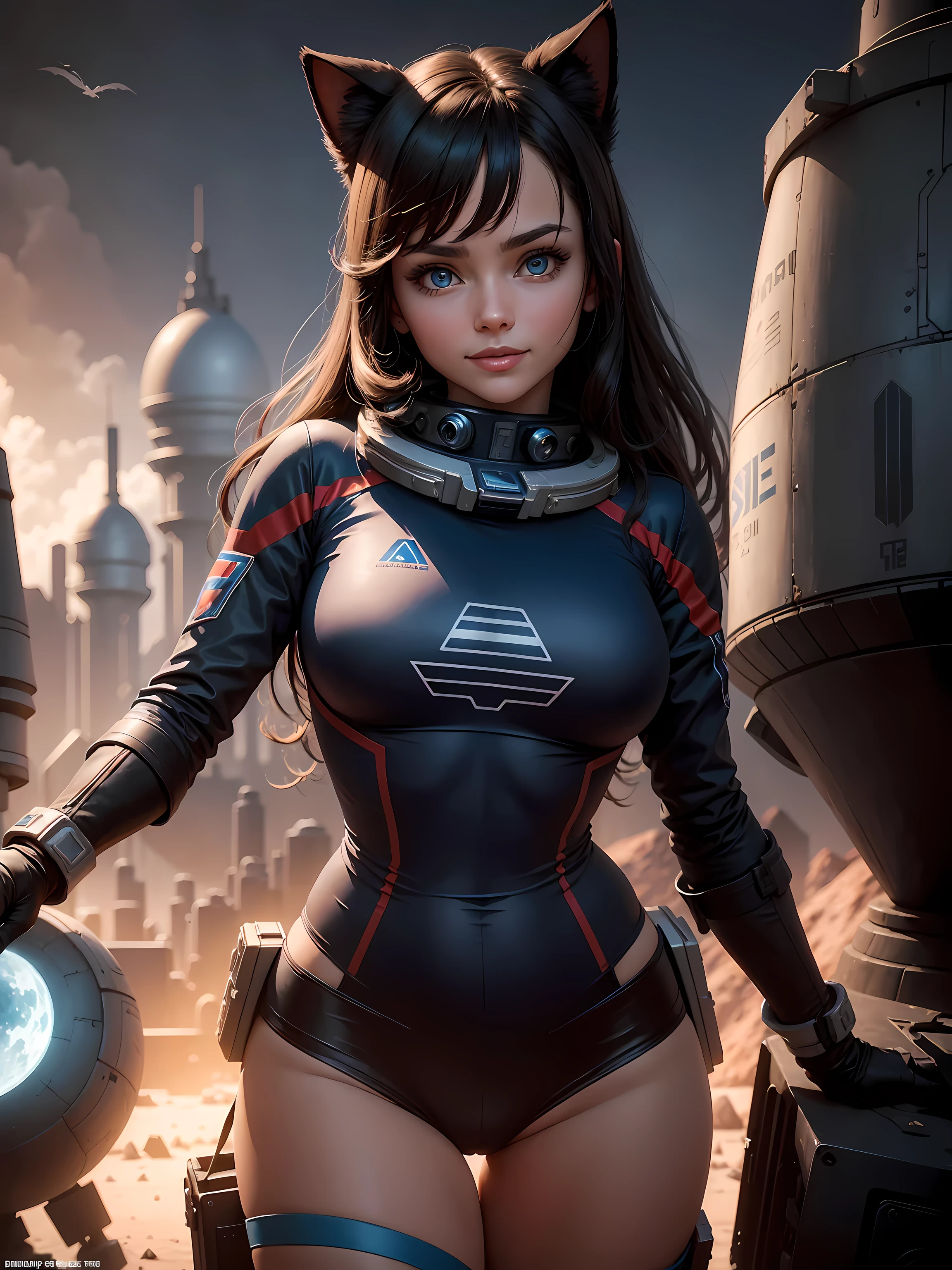 Masterpiece, full length, Soviet cat girl cosmonaut., nice blue and black fitted uniform, on the shoulder there is a chevron depicting a stylized bird and a rocket., Dreamy smile, Huge eyes, brunette, I look at the viewer, bulging ass, sexy figure, rounded chest, in the background is a fantastic sci-fi landscape of the future cosmodrome, HDR, ultrarealism, super quality, 8K, depth of light and shadow