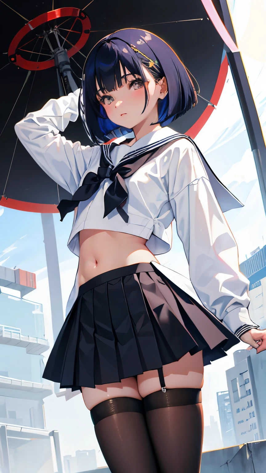 (short cute girl，small young student，young delicate girl）,（masterpiece，Top quality)，school uniform，black medium bob，belly button，sleepy
