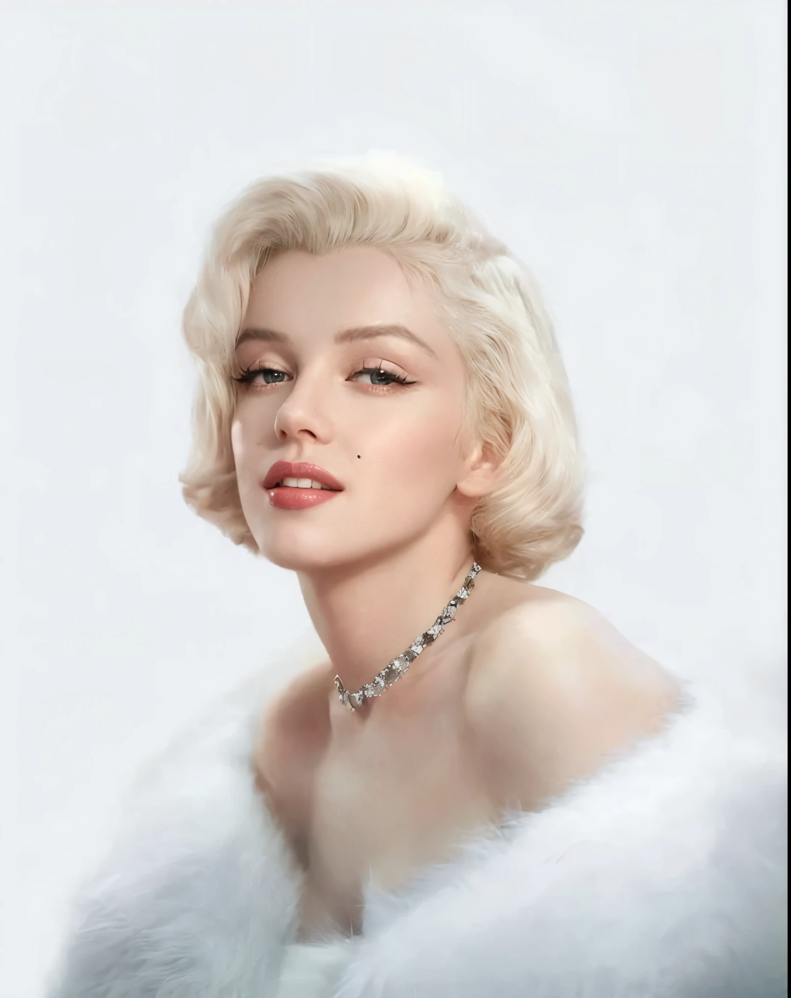 marilyn monroe in a white fur coat posing for a picture, marilyn monroe, marilyn monroe portrait, face like marilyn monroe, portrait of marilyn monroe, inspired by Marilyn Bendell, glamorous pose, most beautiful woman on earth, with short bobbed white hair, white haired lady, gorgeous woman, diamonds around her neck, by Bert Stern, white fur, beautiful face!!!!