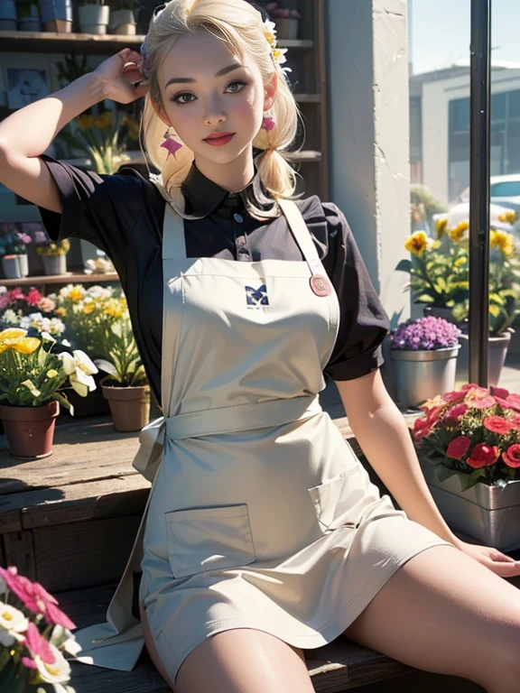 (best quality, 8k, highres, photorealistic:2.0), (solo, one girl:2.0),(lighting: front),(lighting: strong),(ultimate beautiful girl:2.0),(shiny skin),(oily skin),(blonde hair:1.3),(girl tying hair:2.0),(american beauty:2.0),Blush brown makeup , dark eye makeup , use pink glossy lipstick,(big beady eyes girl:1.5),(thin girl:1.5),(baby face girl),(sex appeal:1.7),(sweet smelling girl),(Photographed at a small flower shop in town:1.5),(Part-time girl working at a flower shop:1.5),(She is wearing a flower shop apron:1.5),(popular flower shop clerk),(she works for low wages:1.5),(she has a nice smile),(her body has charming curves),(she is very sociable and slutty),(She is the flower shop poster girl),(A girl who often speaks dirty jokes),(she looks so erotic),(from a very poor family),(A girl who loves growing flowers),(she hides very big breasts under her clothes),(She is a secret pervert.),(she covertly lewd)