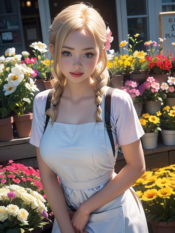 (best quality, 8k, highres, photorealistic:2.0), (solo, one girl:2.0),(lighting: front),(lighting: strong),(ultimate beautiful girl:2.0),(shiny skin),(oily skin),(blonde hair:1.3),(girl tying hair:2.0),(american beauty:2.0),Blush brown makeup , dark eye makeup , use pink glossy lipstick,(big beady eyes girl:1.5),(thin girl:1.5),(baby face girl),(sex appeal:1.7),(sweet smelling girl),(Photographed at a small flower shop in town:1.5),(Part-time girl working at a flower shop:1.5),(She is wearing a flower shop apron:1.5),(popular flower shop clerk),(she works for low wages:1.5),(she has a nice smile),(her body has charming curves),(she is very sociable and slutty),(She is the flower shop poster girl),(A girl who often speaks dirty jokes),(she looks so erotic),(from a very poor family),(A girl who loves growing flowers),(she hides very big breasts under her clothes),(She is a secret pervert.),(she covertly lewd)