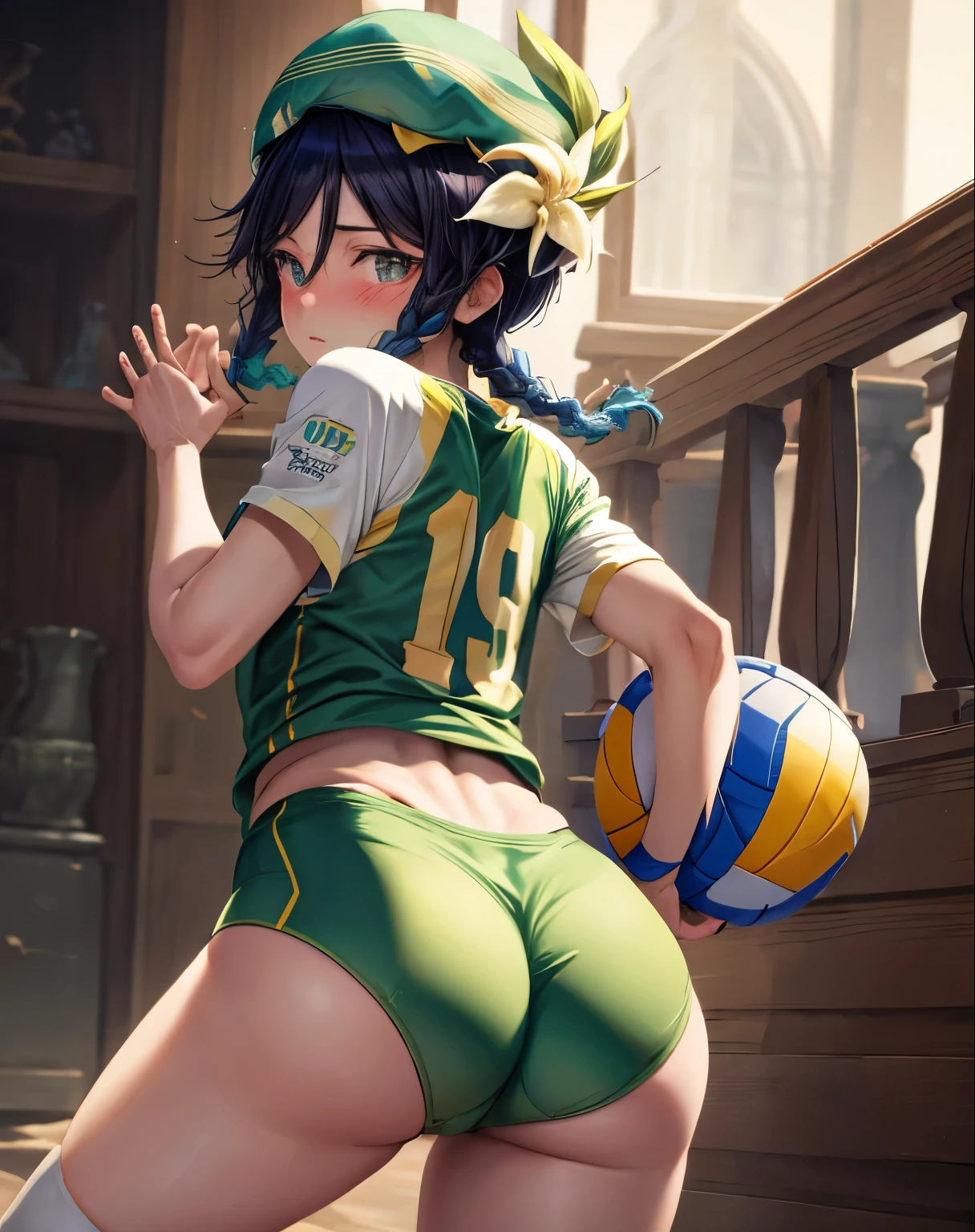 Masterpiece, Best Quality, Ventidef, beret, hat flower, (volleyball jersey: 1.2), Jewelry, brooch, bar, Blushing, lean, Back, behind, Shows ass, butt