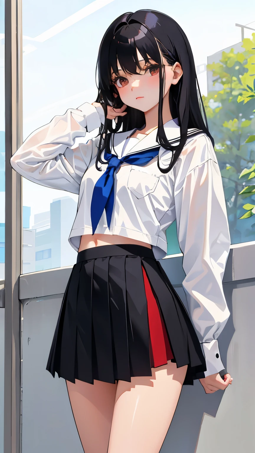 (short cute girl, young studeg delicate girl),(masterpiece,Top quality),school uniform,long black hair,belly button,sleepy