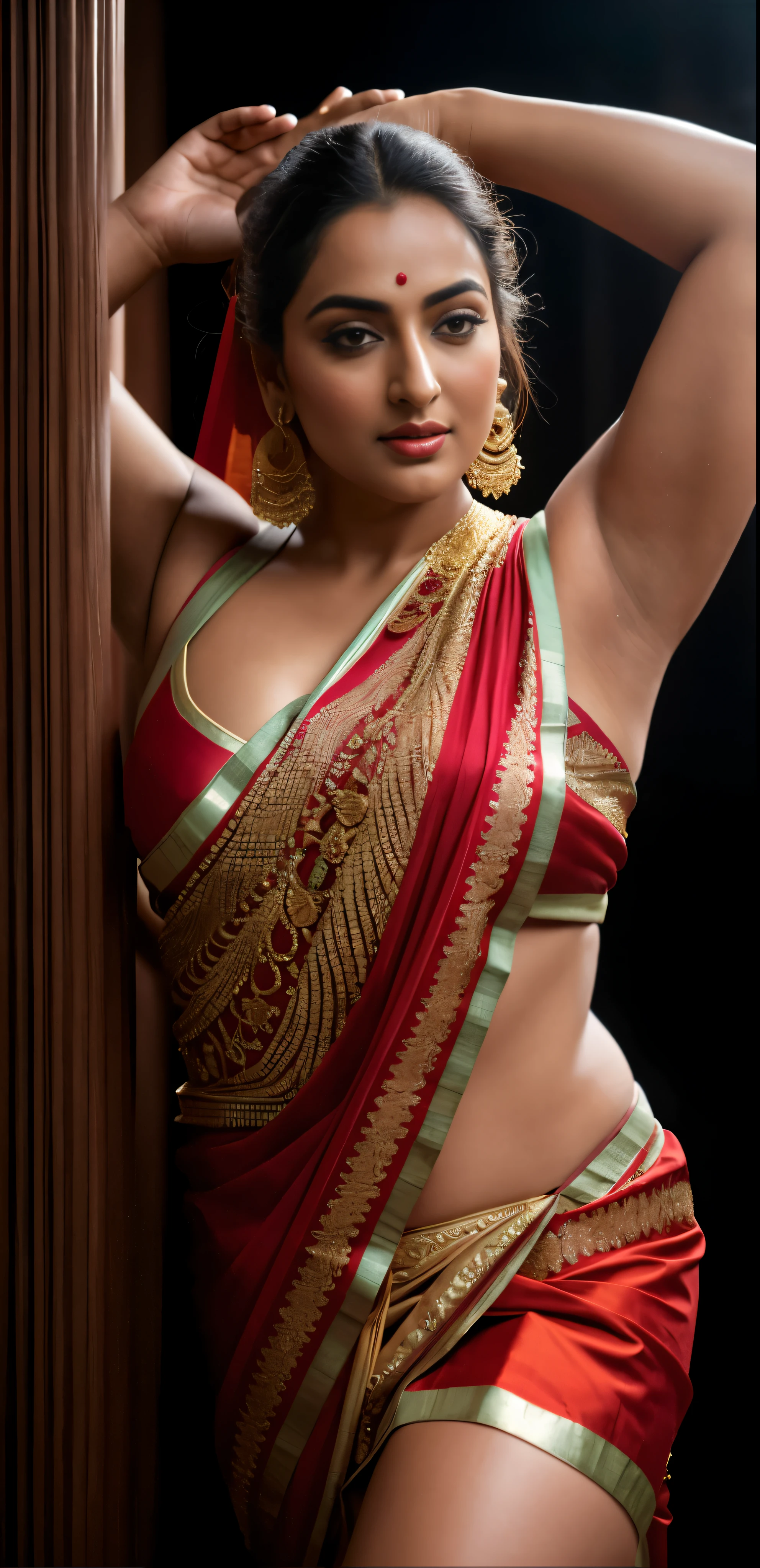 Foto RAW, photorealistic, photography, full body shot, master shot, Wearing a Stanapatta, a chest-band.Saree model, model Photography, Indian saree shoot, Indian traditional wear advertising photography, traditional wear brand shoot, face of Indian actress Sonakshi Sinha, masterpiece, realistic, realism, photorealism, high contrast, photorealistic Artstation 8k HD digital art trend of high definition and detailed realistic skin texture, ultra detail, realistic skin texture, armature, best quality, ultra high definition, (photorealistic:1.4),, high resolution, detail, raw photo, Re sharp, by Lee Jefferies Nikon D850 Film Stock Photo 4 Kodak Portra 400 Camera F1.6 Lens Rich Color Ultra Real Realistic Realistic Textures Dramatic Lighting Unreal Engine Trending at Art Station Cinestill 800,(pele altamente detalhada: 1.2), 8k UHD, DSLR, soft-lighting, alta qualidade, grain of film, Fujifilm XT3,she didn't require a blouse,