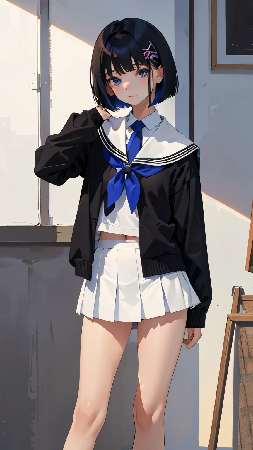 (short cute girl, young studeg delicate girl),(masterpiece,Top quality),school uniform,black medium bob,belly button,sleepy