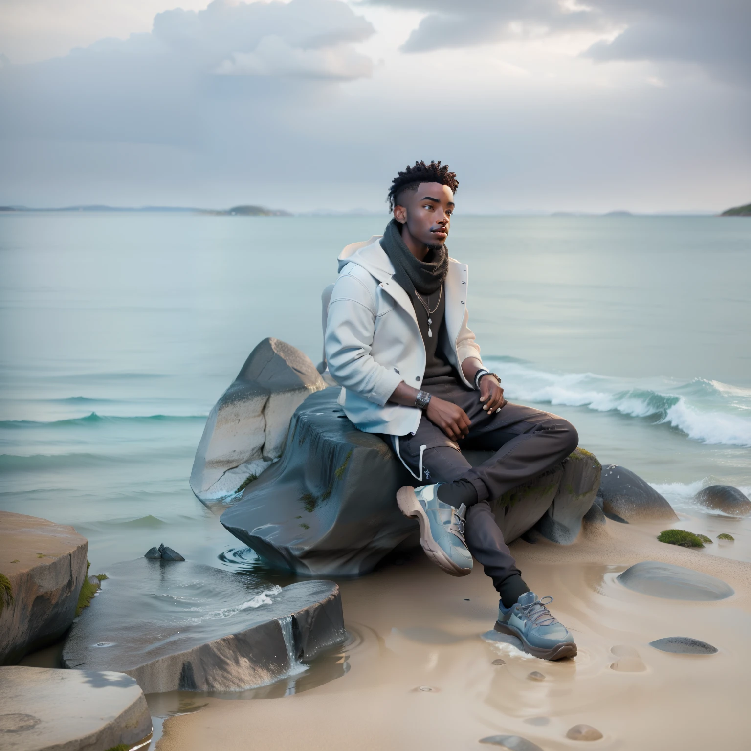 there is a man sitting on a rock by the water, the ocean in the background, ocean in the background, sitting on a rock, sitting in front of a lake, very artistic pose, sitting on rocks, the sea in the background, lake in the background, very very low quality picture, standing next to water, sitting at the beach, at the sea