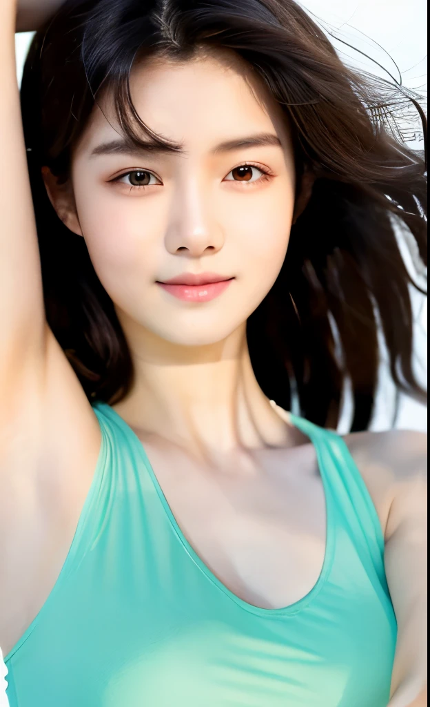 ((best quality, 8k, masterpiece :1.3))(perfect face)(Reasonable body structure)(energetic gesture)(Upper body)a korean girl,Medium breasts realistic face:1.2,Super detailed faces,delicate eyes,lying silkworm,Detailed hair,Details of the skin,Sporty beauty,Slightly curly black short hair,double eyelids,sideways,Smile,early morning,sweat,armpit