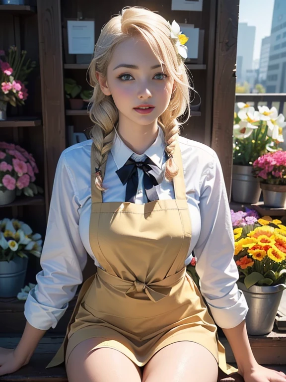 (best quality, 8k, highres, photorealistic:2.0), (solo, one girl:2.0),(lighting: front),(lighting: strong),(ultimate beautiful girl:2.0),(shiny skin),(oily skin),(blonde hair:1.3),(girl tying hair:2.0),(american beauty:2.0),Blush brown makeup , dark eye makeup , use pink glossy lipstick,(big beady eyes girl:1.5),(thin girl:1.5),(baby face girl),(sex appeal:1.7),(sweet smelling girl),(Photographed at a small flower shop in town:1.5),(Part-time girl working at a flower shop:1.5),(She is wearing a flower shop apron:1.5),(popular flower shop clerk),(she works for low wages:1.5),(she has a nice smile),(her body has charming curves),(she is very sociable and slutty),(She is the flower shop poster girl),(A girl who often speaks dirty jokes),(she looks so erotic),(from a very poor family:1.5),(A girl who loves growing flowers),(she hides very big breasts under her clothes),(She is a secret pervert.),(she covertly lewd)