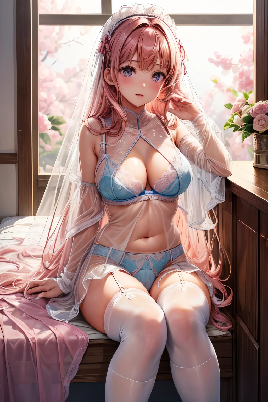 ((2 girls)), ((highest quality)), (super detailed), (very detailed CG 統合 8k 壁紙), very detailed, High-definition RAW color photo, professional photography, ((beautiful big breasts)), ((bare chest)), (pink hair ornament), peanut butter brown hair, wonderful face and eyes, pink eyes, (amazingly beautiful girl), School, (see-through sheer micro bra:1.6), , pink horizontal lace panties、light blue horizontal lace panties、knee high socks、camel toe,
