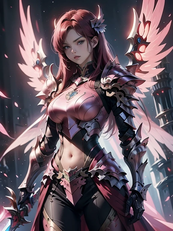 (masterpiece, best quality:1.2), Character design, ((1 girl, solo)), warrior of xian, slim body, medium chest, skinny waist, ((long deep red hair)). blue eyes. (((pink fantasy armor a female knight in a pink full armor))), (((big pauldrons, intricate details))), (((large armor wings))), (((advanced weapon fantasy plasma sword in right hand))), (standing), (((side body view))), plain gray background, masterpiece, HD high quality, 8K ultra high definition, ultra definition,