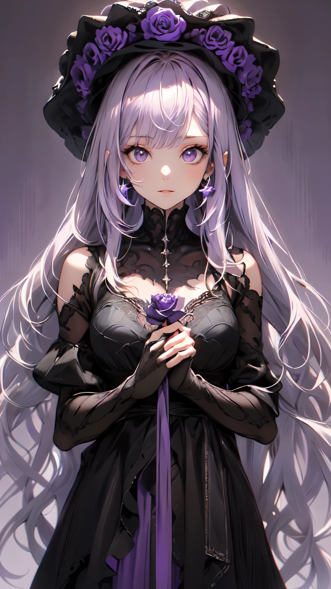 (masterpiece:1.2), highest quality, 1 female, alone, long gray hair, very long hair, bangs, (purple background:1.4), purple eyes, black bonnet with purple rose decoration, black gothic dress