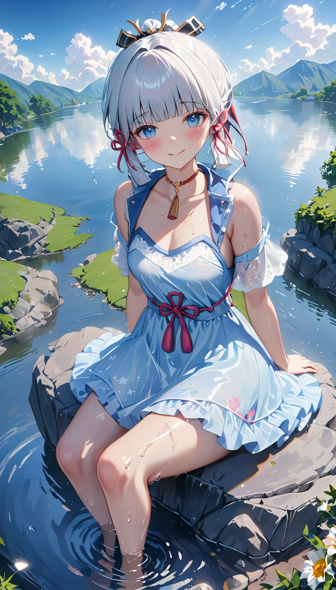 ayaka, Wet, soaking, (Best quality,4K,8K,A high resolution,tmasterpiece:1.2),ultra - detailed,(actual,realistically,realistically:1.37), White hair, huge booolossal title blue eyes, White lace nightdress，in pink，dampness，Sitting on a rock by the lake，facing at the camera， water dripping, glistning skin，Covered in sweat，There is an unknown  on the body，Happy smile