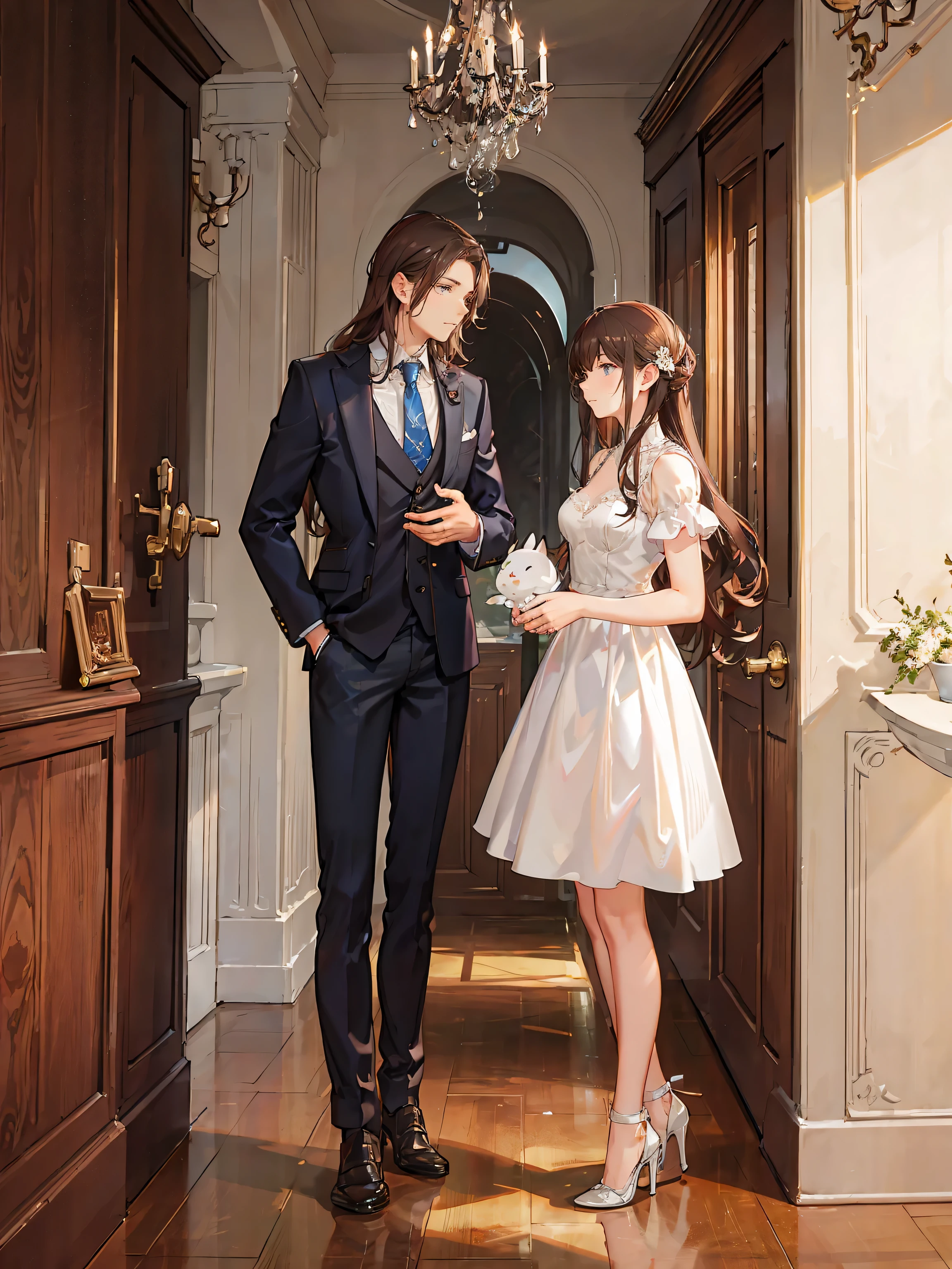 1male, brown hair, suit, wavy hair, mansion