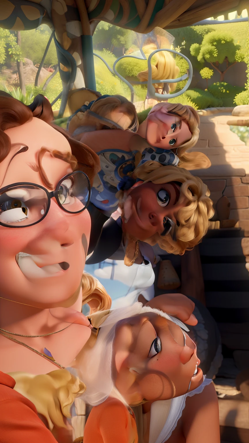 Obra-prima ao estilo Disney/Pixar in high quality and high resolution. La mujer de enfrente es rubia y el hombre tiene el pelo negro..