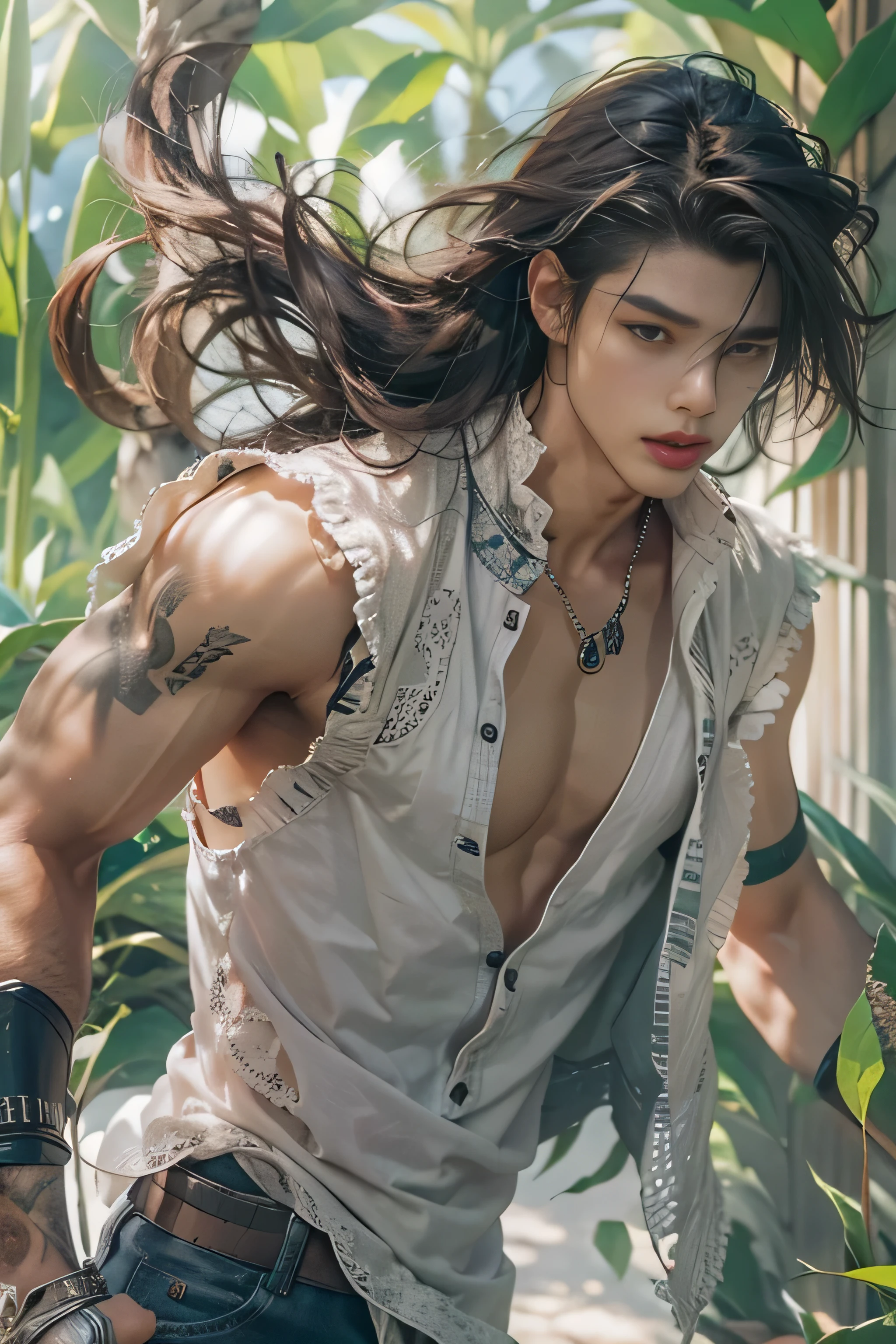 masterpiece, best quality, 1 guy, solo, handsome 20 year old, fair skin male, long length dark hair, perfect face, chest abs, slender, masculine, long hair
