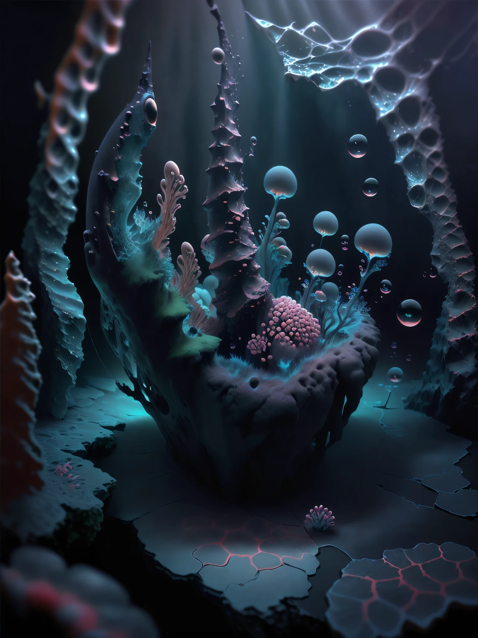 alien planet, porcelain, surreal landscape, vibrant colors, ethereal atmosphere, otherworldly beings, intricate porcelain sculptures, delicate details, fine craftsmanship, hyper-realistic texturesm