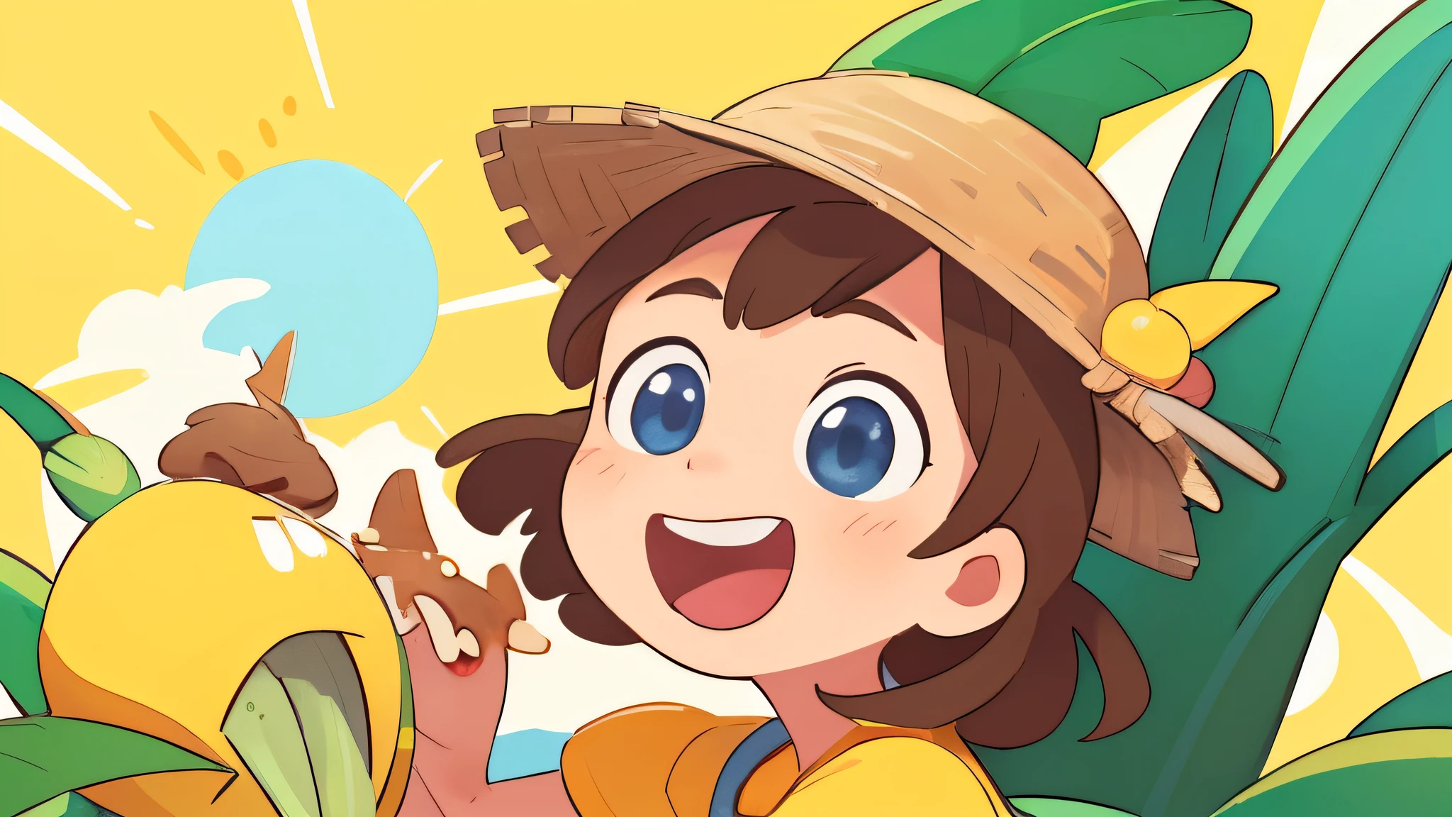 supper happy, banana hat, bananas background pattern, banana tree, yellow background, high detailed, fornite banana costume, shooting, explosion, high contrast, high saturation, guns, bananas, laughing, big eyes, smile, in a close view, front, girly brown hair, blue eyes