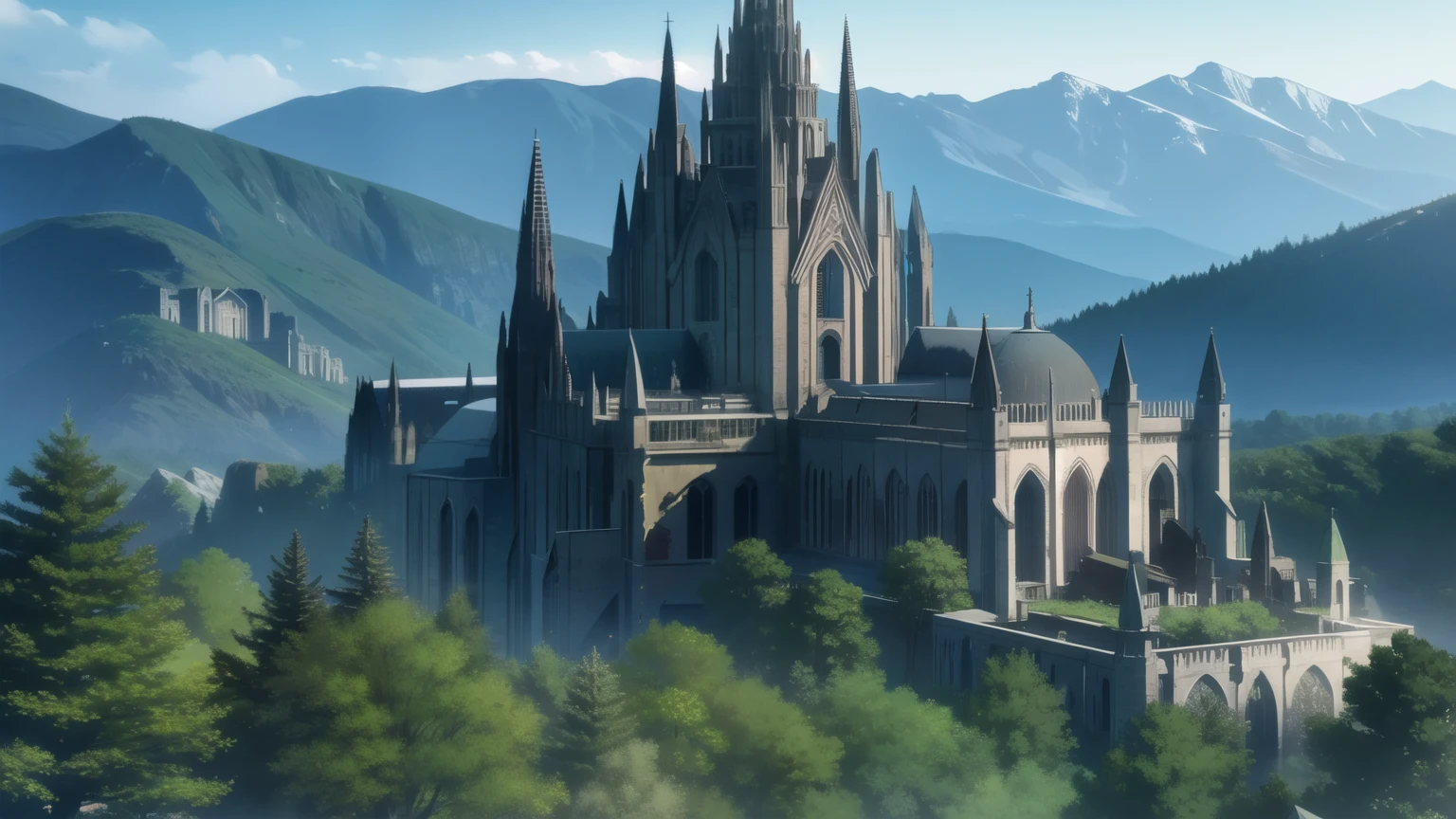 abandoned and destroyed cathedral on the mountain, giant cathedral, mountain with forest, day