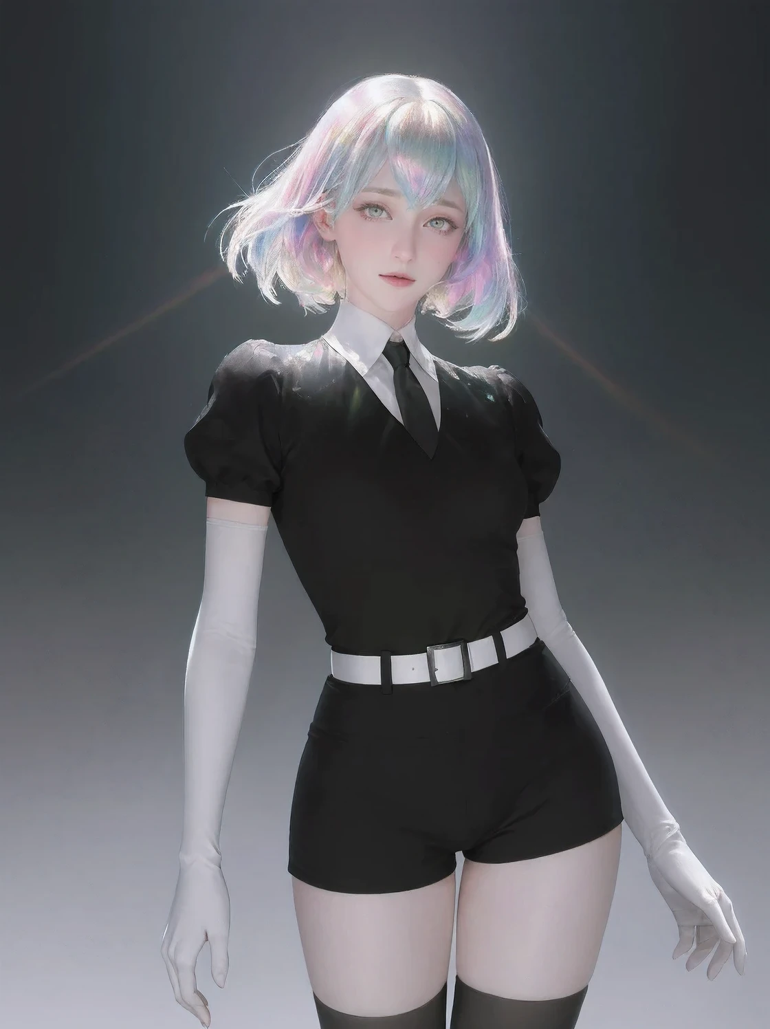 masterpiece, best quality, diamond, multicolored hair, multicolored eyes, black shirt, elbow gloves, necktie, short shorts, belt, white thighhighs, upper body, looking at viewer, worried, dark background, green gradient, glowing background