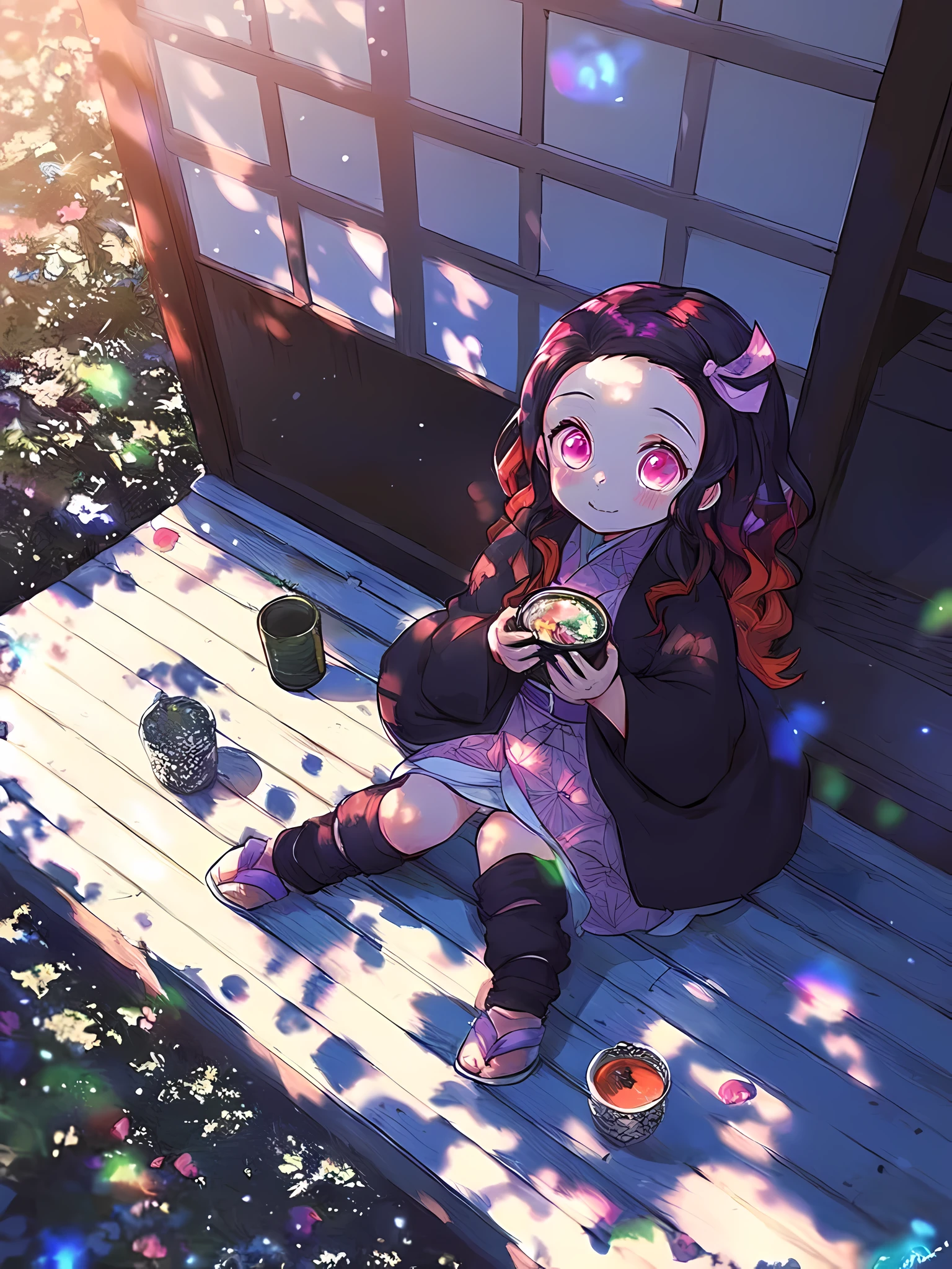 anime girl sitting on a porch with a cup of tea, nezuko-chan, anime style 4 k, demon slayer rui fanart, cute art style, nezuko, demon slayer artstyle, eating outside