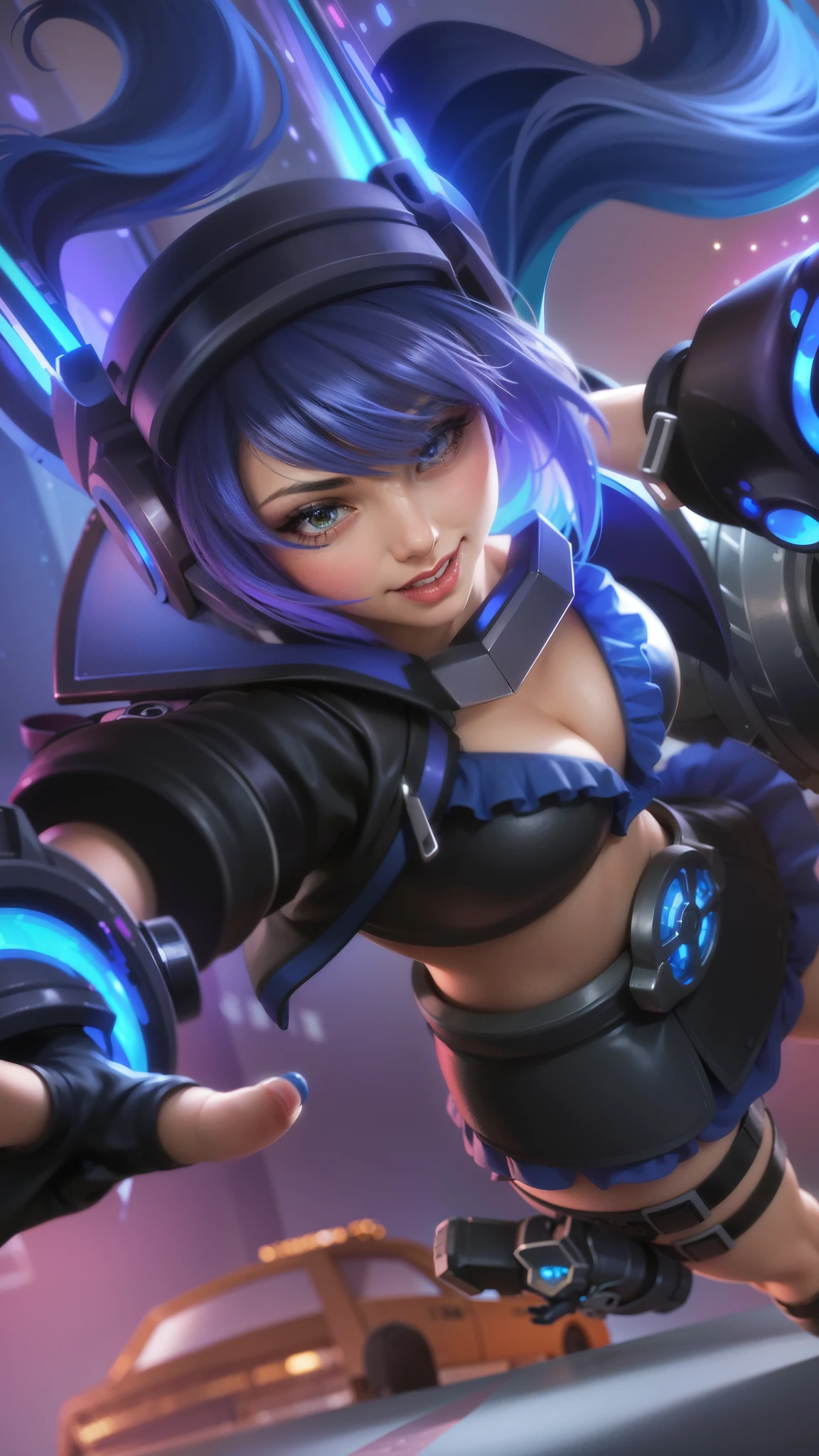 8k, ultra hd, ultra detailed texture, hyper realistic, masterpiece, detailed texture, detailed face, detailed skin, detailed lighting, (photorealistic:1.5), best quality, beautiful lighting, cinematic lighting, professional lighting, ultra highres, realistic, detailed hair, real hair, high quality, (realskin:1.5), extremely detailed, finely detail, ultra-detailed, 1girl, smile, cute face, blue hair, red lips glossy, blue eyes.