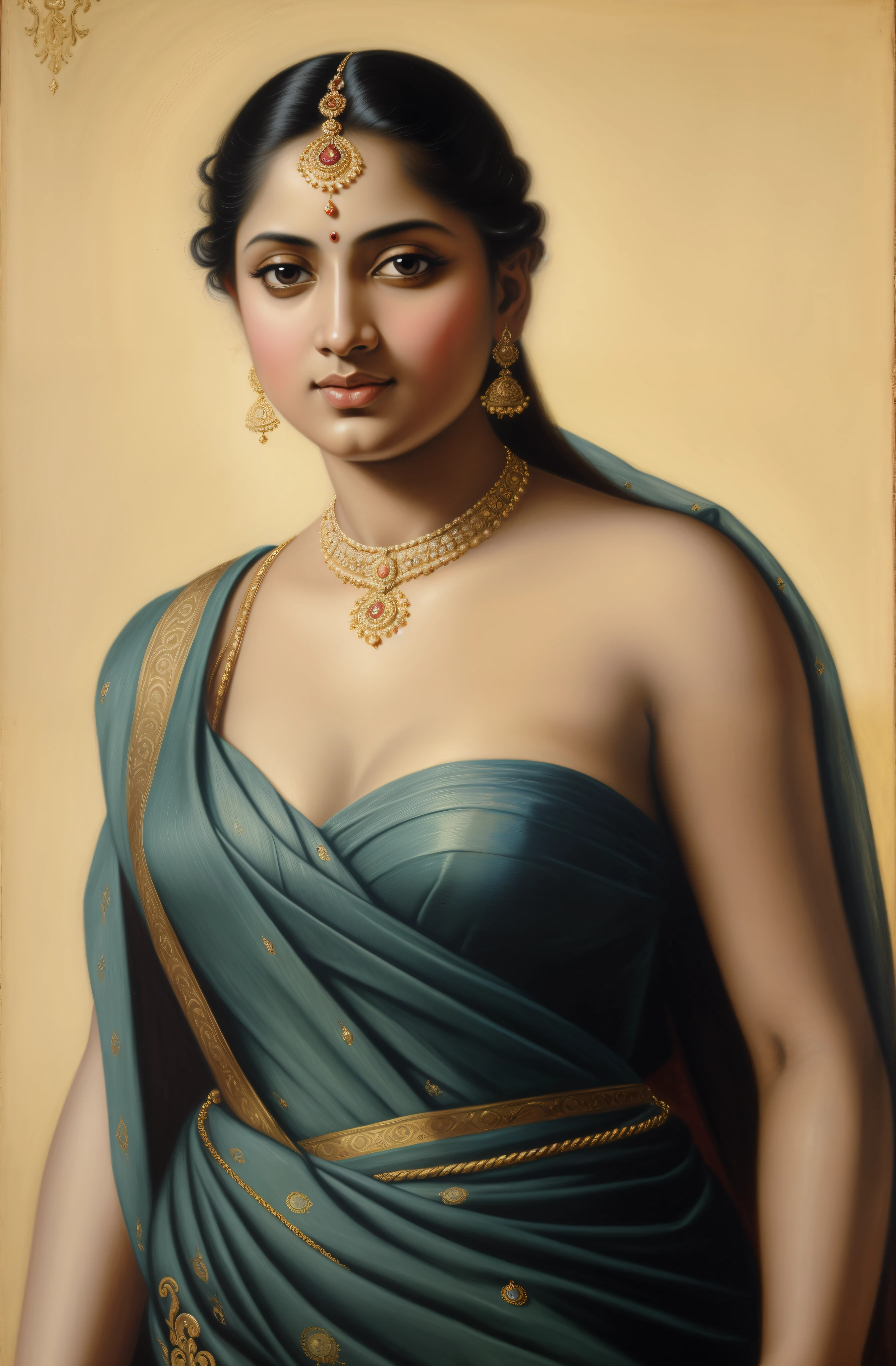 Beautiful Indian Woman, wearing saree, sari Beauty, gorgeous, Apsara, Maharani, royal queen woman, nymph from Hindu Mythology, pierced eyes, Urvashi, matchless beauty, Highly detailed, Oil Painting by Peter Paul Rubens inspired by Raja Ravi Varma, Matchless beauty, captivating, gorgeous, heavenly beauty, celestial beauty, by Peter Paul Rubens, 1893, realistic, hyper realistic, micro details, incredible artwork, insane details, ultra High resolution, 8k, 32k,  acrylic on canvas, intricate, flawless, detailed, detailed face, detailed eyes, masterpiece, by Peter Paul Rubens, by Caravaggio, by William Adolphe bouguereau, perfect face, perfect body, beautiful art, realism, baroque, renaissance Art, highly textured, beautiful eyes, uhd, best quality,
