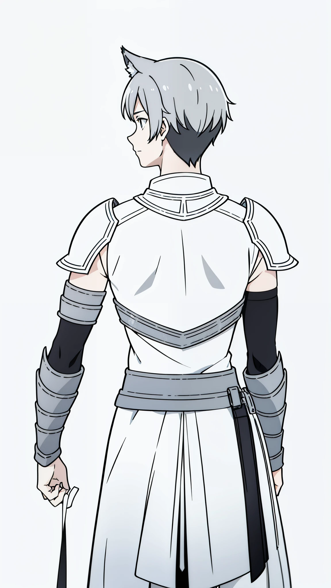 (1boy,13 years old),short hair,solo,simple armor,gray hair,wolf ears,(white background,line drawing),from back,no face,backwards