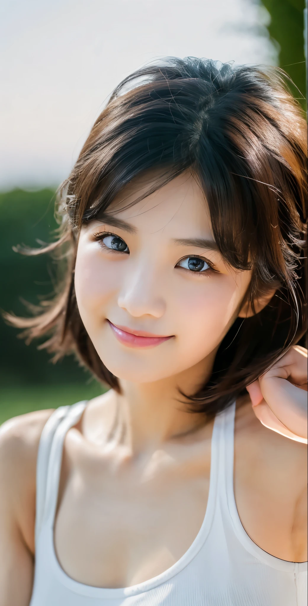 The prompt for your first theme is:
(best quality, 8k, masterpiece:1.3), perfect face, Korean girl, medium-sized breasts, realistic face:1.2, ultra-detailed face, detailed eyes, large eyes, double eyelids, detailed lips, detailed hair, detailed skin, athletic beauty, wavy short black hair, white sports bra, smiling, early morning, sweat, looking at the camera.