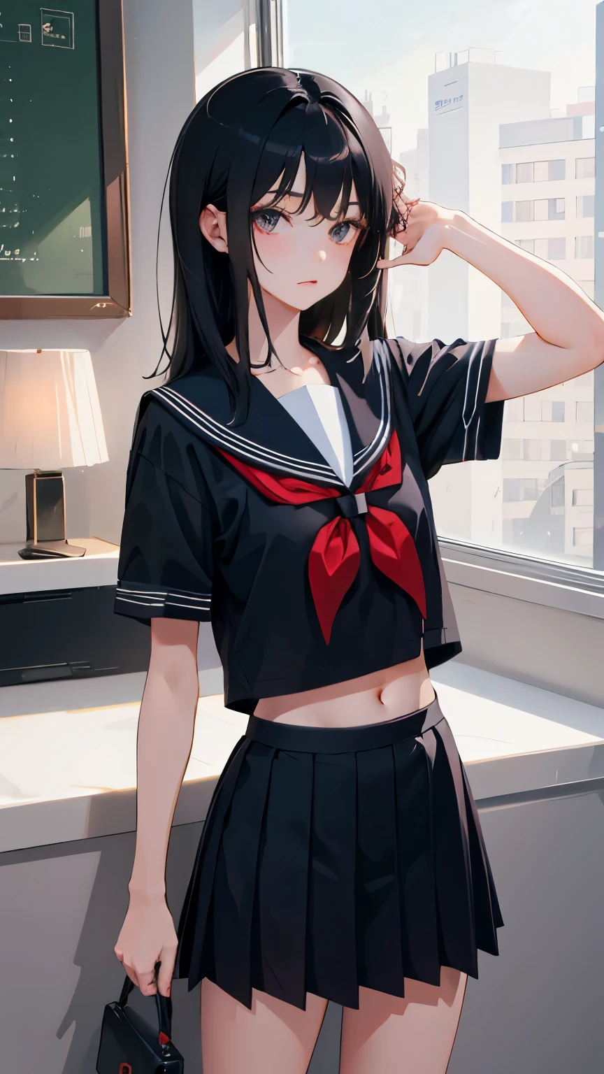 (short cute girl，small young student，young delicate girl）,（masterpiece，Top quality)，school uniform，long black hair，belly button，sleepy
