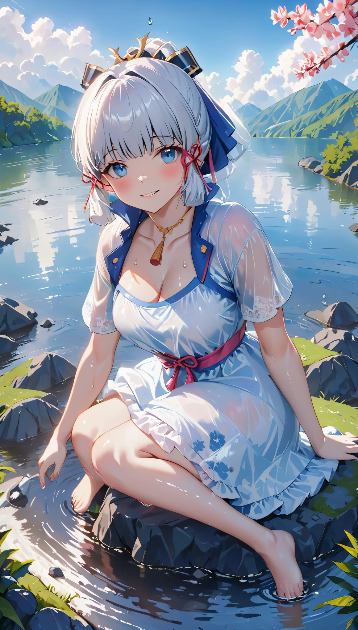 ayaka, Wet, soaking, (Best quality,4K,8K,A high resolution,tmasterpiece:1.2),ultra - detailed,(actual,realistically,realistically:1.37), White hair, huge booolossal title blue eyes, White lace nightdress，in pink，dampness，medium breasts, Sitting on a rock by the lake，facing at the camera， water dripping, glistning skin，Covered in sweat，There is an unknown  on the body，Happy smile