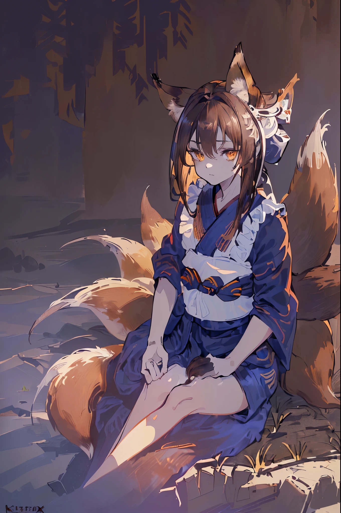 Anatomical, Award-winning concept art, Scrawny, fine details, ((Looking up at Viewer)), 1 Girl, Full Body, Solo, sitting on legs, (((Kitsune))), ((((((Graying brown fox tails and earultiple kitsune fox tails))), (((((Very Dark brown hair))))), shoulder length hair, harsh blue eyes, ((((black yukata with white sash)))), Masterpiece, Best Quality, Super Detail, Illustration, solo, Dynamic Angle, looking at viewer sidelong, betrayed, old, shoulder length hair, unkept fox tails, scruffy hair, few face wrinkles, high quality, volumetric lighting, Kitsune, Fantastic Visual Depiction, Professional Effect, ((Unevenness)), (volumetric lighting), in the darkness, depressed, despondent