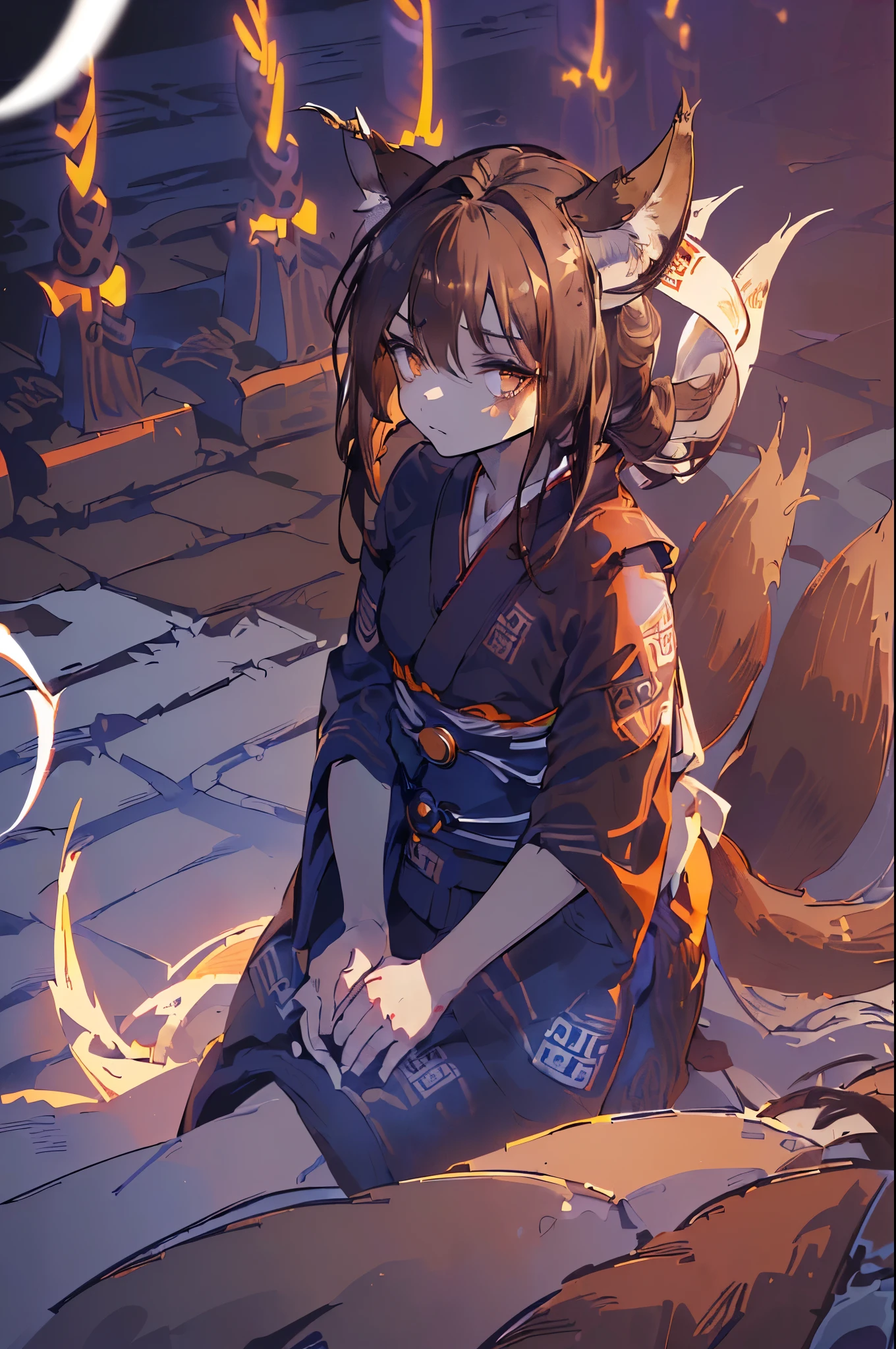 Anatomical, Award-winning concept art, Scrawny, fine details, ((Looking up at Viewer)), 1 Girl, Full Body, Solo, sitting on legs, (((Kitsune))), ((((((Graying brown fox tails and earultiple kitsune fox tails))), (((((Very Dark brown hair))))), shoulder length hair, harsh blue eyes, ((((black yukata with white sash)))), Masterpiece, Best Quality, Super Detail, Illustration, solo, Dynamic Angle, looking at viewer sidelong, betrayed, old, shoulder length hair, unkept fox tails, scruffy hair, few face wrinkles, high quality, volumetric lighting, Kitsune, Fantastic Visual Depiction, Professional Effect, ((Unevenness)), (volumetric lighting), in the darkness, depressed, despondent