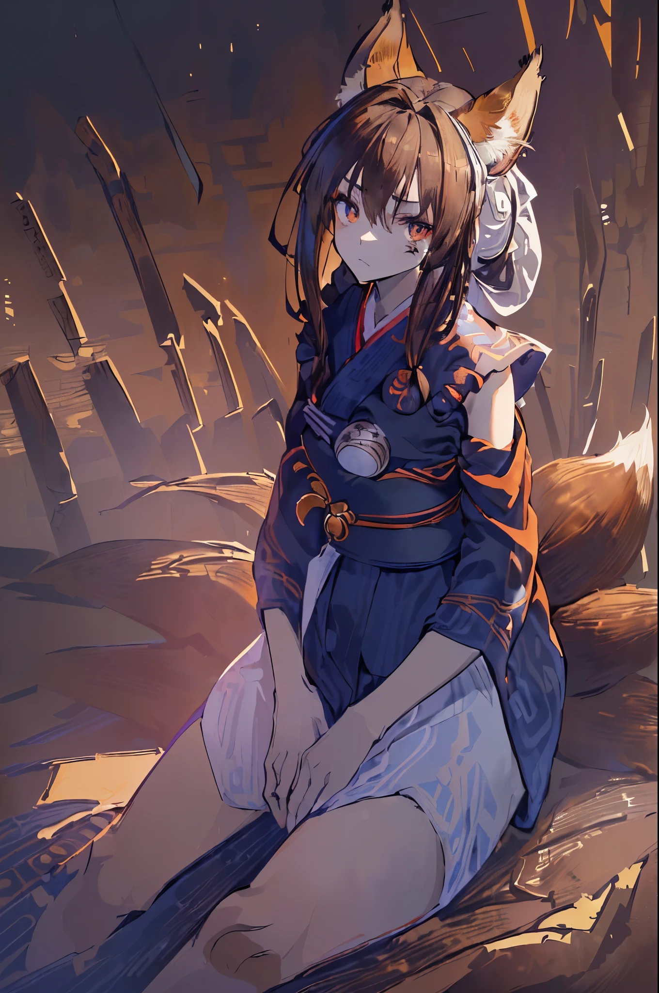 Anatomical, Award-winning concept art, Scrawny, fine details, ((Looking up at Viewer)), 1 Girl, Full Body, Solo, sitting on legs, (((Kitsune))), ((((((Graying brown fox tails and earultiple kitsune fox tails))), (((((Very Dark brown hair))))), shoulder length hair, harsh blue eyes, ((((black yukata with white sash)))), Masterpiece, Best Quality, Super Detail, Illustration, solo, Dynamic Angle, looking at viewer sidelong, betrayed, old, shoulder length hair, unkept fox tails, scruffy hair, few face wrinkles, high quality, volumetric lighting, Kitsune, Fantastic Visual Depiction, Professional Effect, ((Unevenness)), (volumetric lighting), in the darkness, depressed, despondent