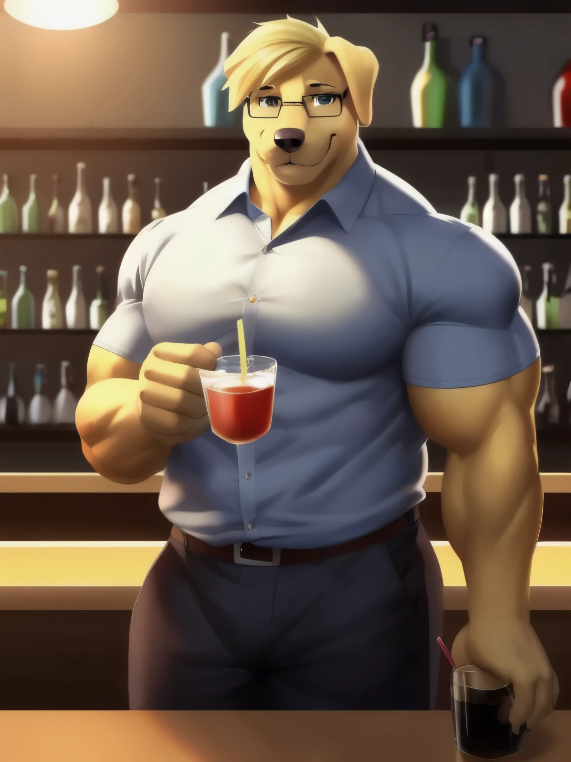 reality, Big muscles, Labrador, glasses, Male furry, (Blonde hair:1.1), evening, Behind the counter, roadblock, Serve the drink, Point of view, He smiles