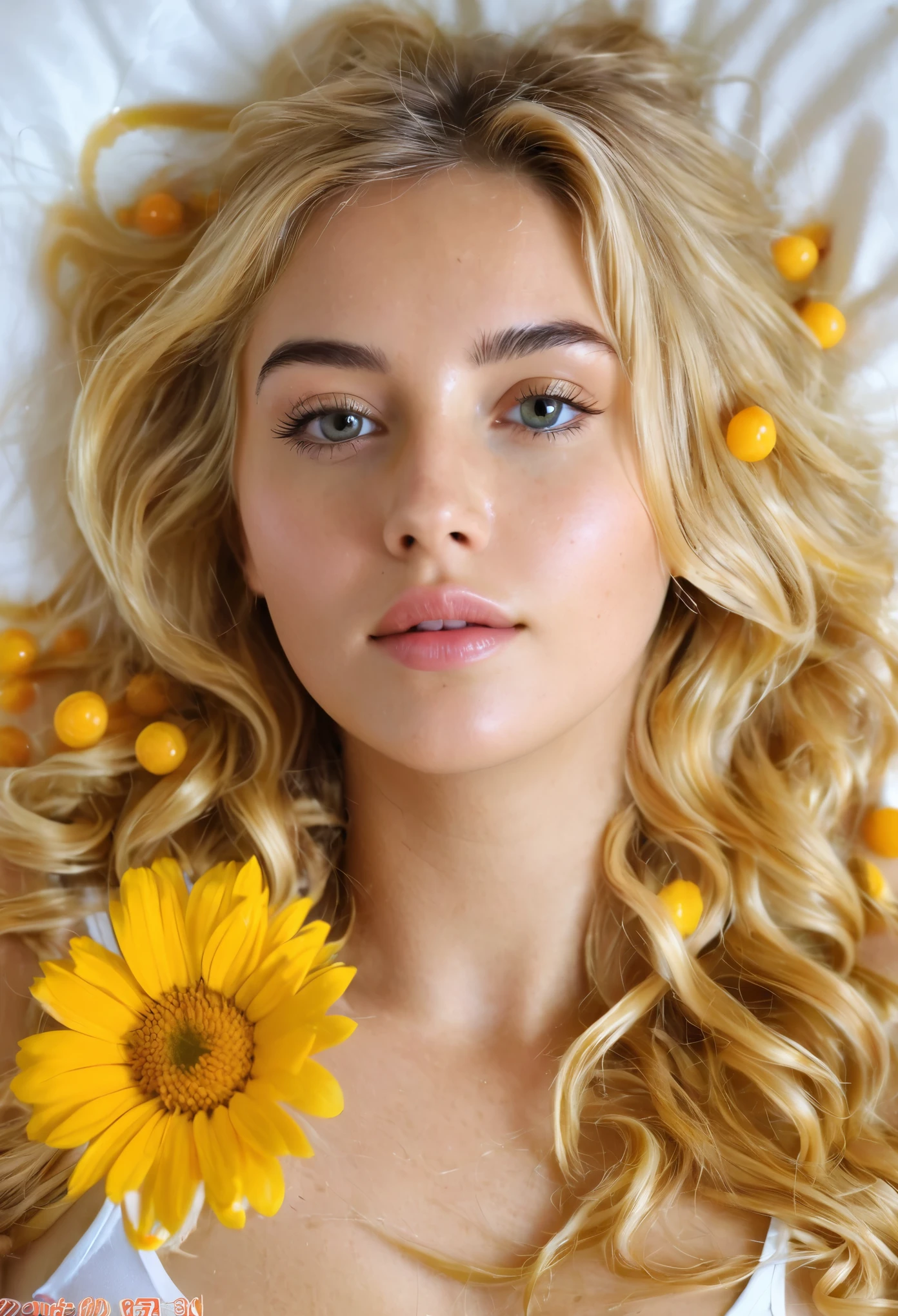 Una chica hermosa de pelo color rubio, acostada en su cama y rodeada de espermatozoides flotantes llendo hacia ella