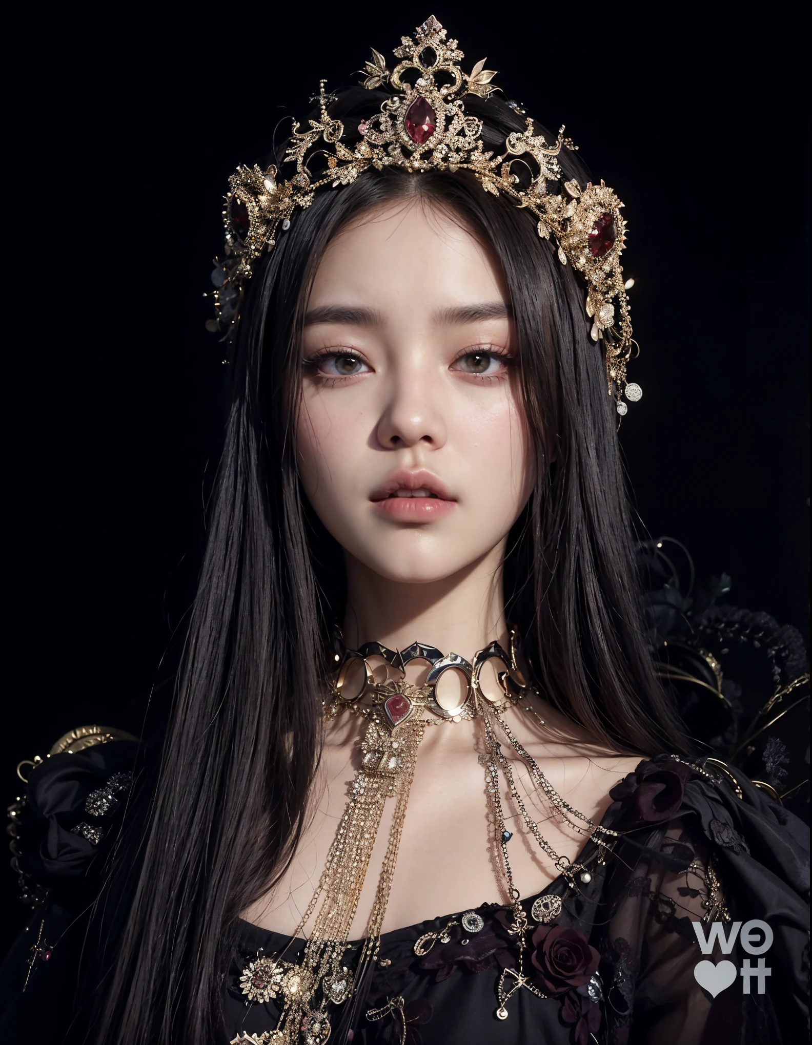a close up of a woman wearing a tiable and a necklace, portrait of jossi of blackpink, jossi of blackpink, blackpink jennie, roseanne park of blackpink, beautiful vampire queen, jaeyeon nam, beautiful vampire female queen, taejune kim, portrait of female korean idol, cruel korean goth girl, she is the queen of black roses, jisoo of blackpink
