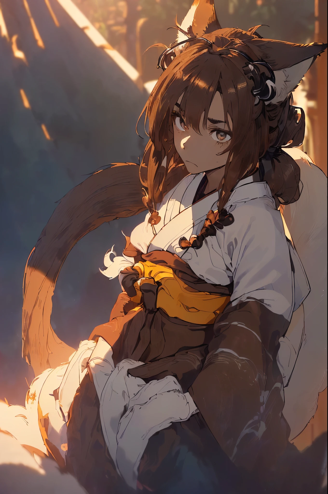 Anatomical, Award-winning concept art, Scrawny, fine details, ((Looking up at Viewer)), 1 Girl, Full Body, Solo, sitting on legs, (((Kitsune))), ((((((Graying brown fox tails and earultiple kitsune fox tails))), (((((Very Dark brown hair))))), shoulder length hair, harsh blue eyes, ((((black yukata with white sash)))), Masterpiece, Best Quality, Super Detail, Illustration, solo, Dynamic Angle, looking at viewer sidelong, betrayed, old, shoulder length hair, unkept fox tails, scruffy hair, few face wrinkles, high quality, volumetric lighting, Kitsune, Fantastic Visual Depiction, Professional Effect, ((Unevenness)), (volumetric lighting), in the darkness, depressed, despondent