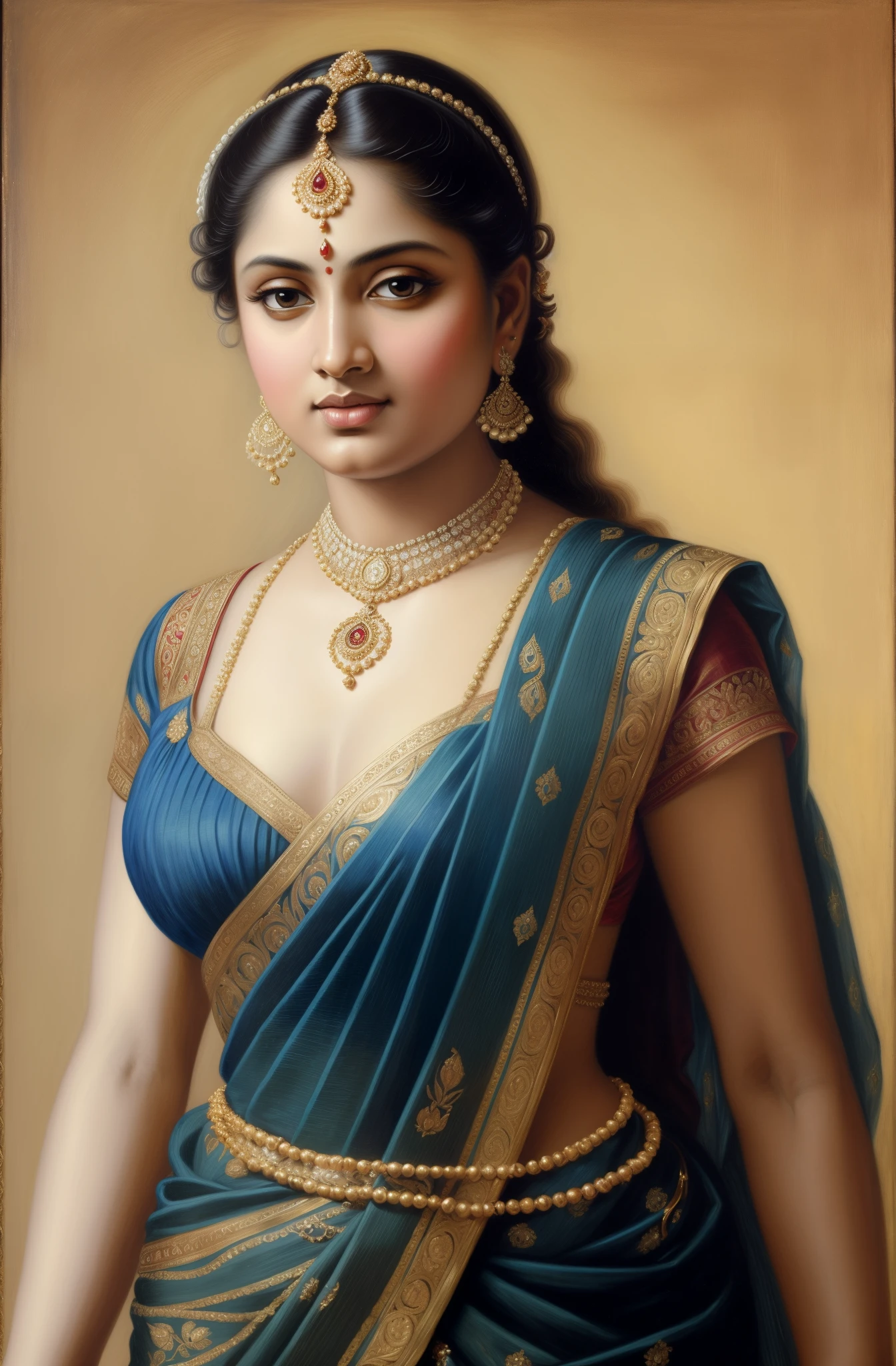 Beautiful Indian Woman, wearing saree, sari Beauty, gorgeous, Apsara, Maharani, royal queen woman, nymph from Hindu Mythology, pierced eyes, Urvashi, matchless beauty, Highly detailed, Oil Painting by Peter Paul Rubens inspired by Raja Ravi Varma, Matchless beauty, captivating, gorgeous, heavenly beauty, celestial beauty, by Peter Paul Rubens, 1893, realistic, hyper realistic, micro details, incredible artwork, insane details, ultra High resolution, 8k, 32k, acrylic on canvas, intricate, flawless, detailed, detailed face, detailed eyes, masterpiece, by Peter Paul Rubens, by Caravaggio, by William Adolphe bouguereau, perfect face, perfect body, beautiful art, realism, baroque, renaissance Art, highly textured, beautiful eyes, uhd, best quality,