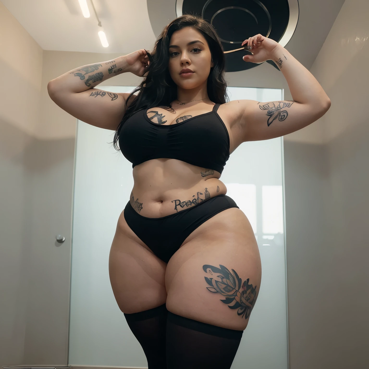 Pixar mom body type, hour glass body type, thick thighs, wide hips, thick babe, long black hair, tattoos on body, thick body, tattos on body, cool girl, thick thighs, full body view,