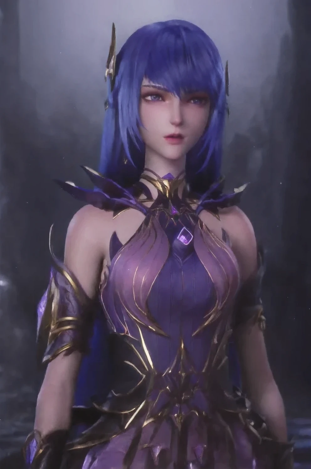 Masterpiece, Best Quality, 1girl, Official, Purple Eyes, Purple Hair, Bustiness, Cowboy Shot, Looking at the Audience, Dark, (Darkness), Cinematic Light, Edge Light, Delicate Eyes, (pureerosface_v1:0.5), Looking at the Audience, (Realisticity: 1.2), Provocative, Honkai Star Track, Cross-legged, Arrogant, Bangs Evil Face, Apocalyptic Background