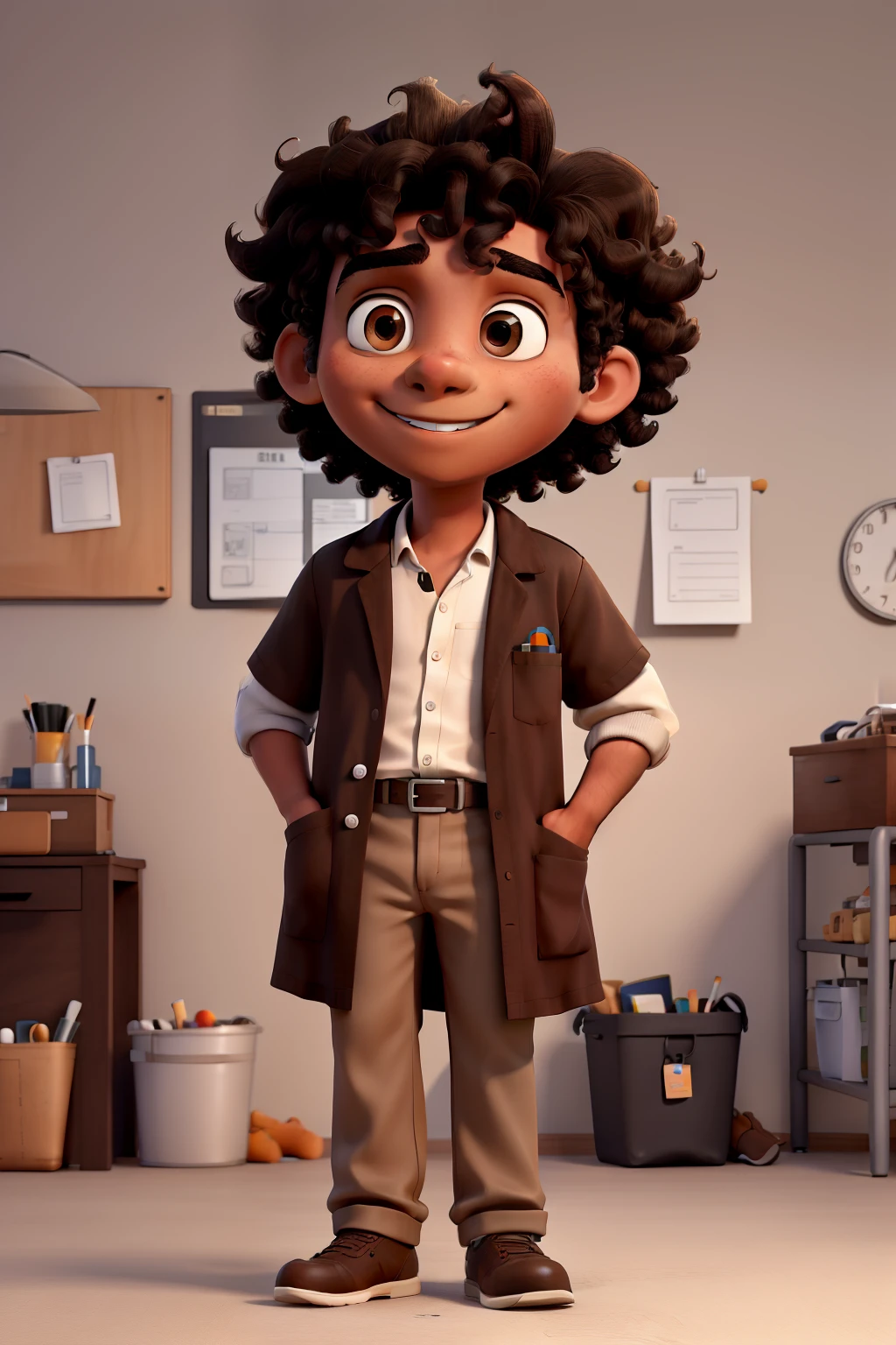 drawing of brown boy nursing technician, man, curly hair, brown, black hair,  boy, dressed in technician's clothes, the drawing must be colored, brown boy, medium big nose with lab coat