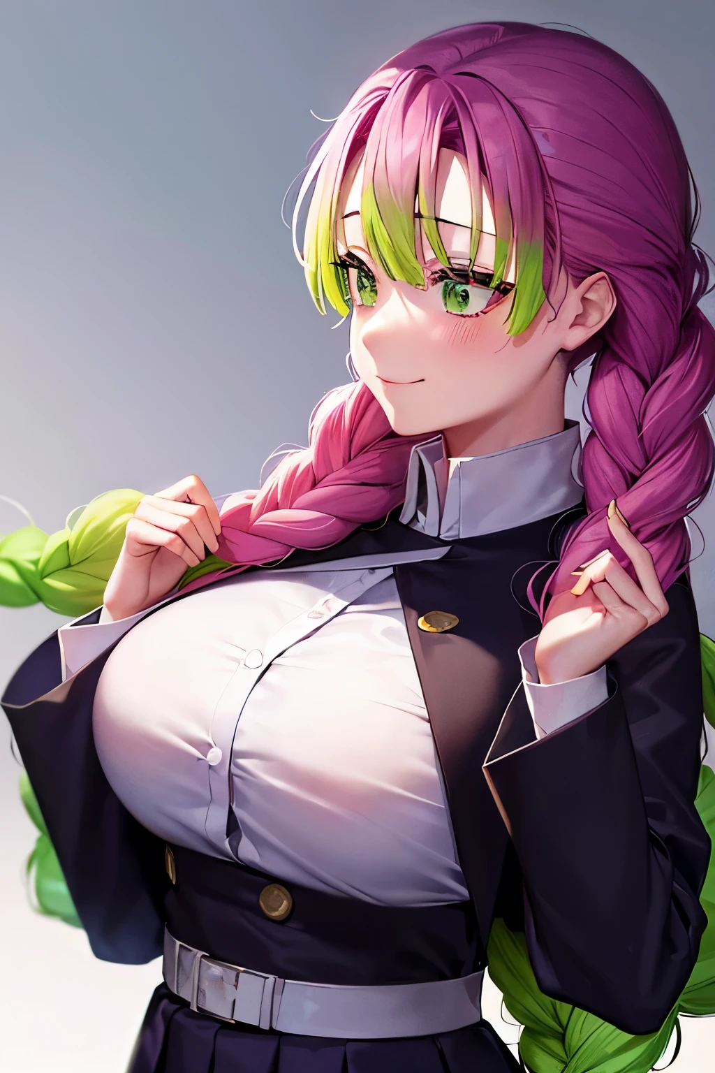 mitsuri(demon slayer), large breasts, upper body, haori, bangs, 1girl,green hair, demon slayer uniform, gradient hair, braid, solo, jacket, multicolored hair, off shoulder, profile, white background, breasts, simple background, smile, green eyes, twin braids, closed mouth, pink hair, japanese clothes, long hair