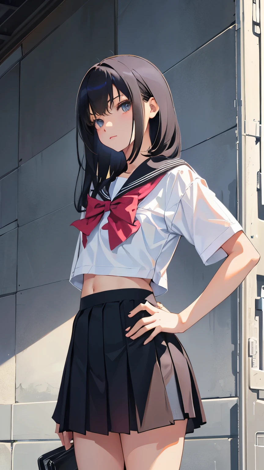 ung girls, (extremely detailed beautiful face), Smile happily, (Best Quality:1.4), (Ultra-detailed), (extremely detailed CG unified 8k wallpaper), Highly detailed, High-definition raw color photos, Professional Photography, Realistic portrait, Cinematic Light, ((Ponytail)), Bangs, (High School Uniform, Pleated mini-skirt:1.3), crass room, (view from below:1.2),