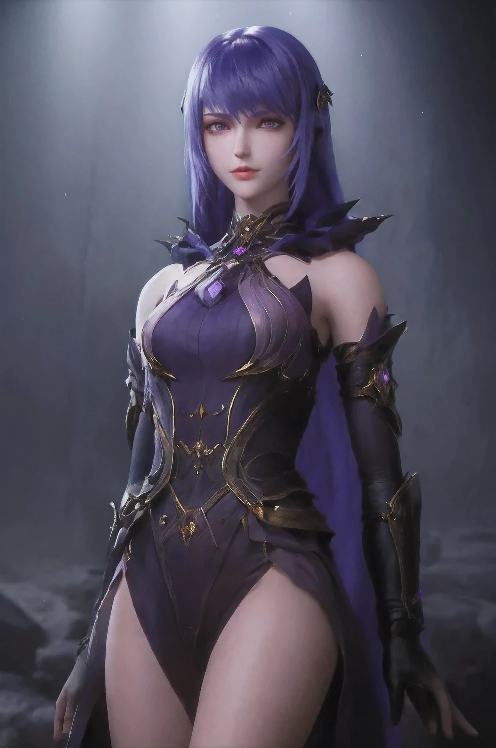 Masterpiece, Best Quality, 1girl, Official, Purple Eyes, Purple Hair, Bustiness, Cowboy Shot, Looking at the Audience, Dark, (Darkness), Cinematic Light, Edge Light, Delicate Eyes, (pureerosface_v1:0.5), Looking at the Audience, (Realisticity: 1.2), Provocative, Honkai Star Track, Cross-legged, Arrogant, Bangs Evil Face, Apocalyptic Background